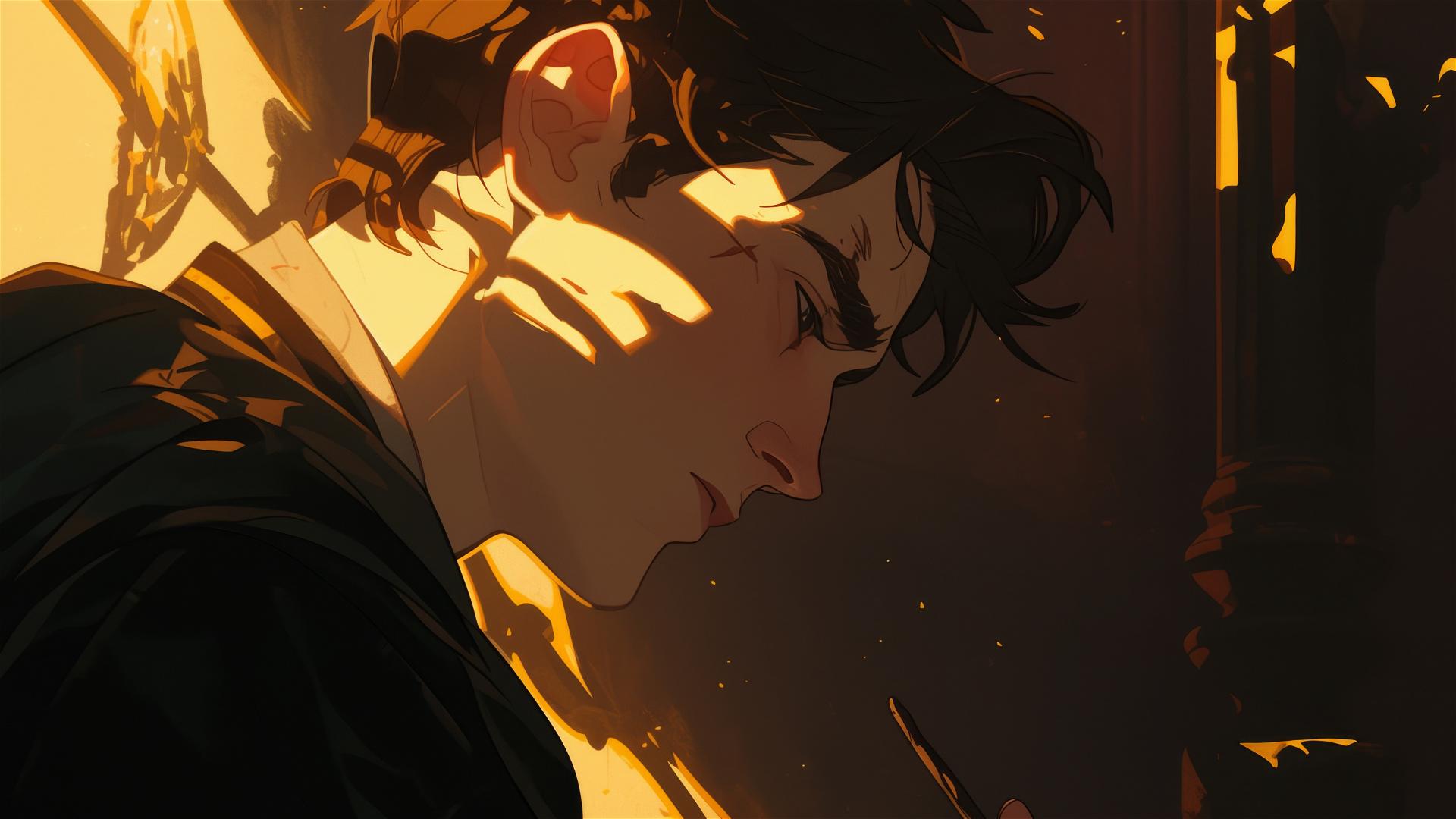 Artistic illustration of Neville Longbottom with dark, spotlighted background