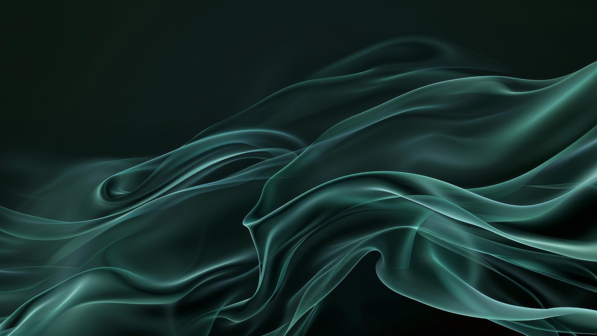 Elegant dark jade-colored shapes flow on an iPhone background.
