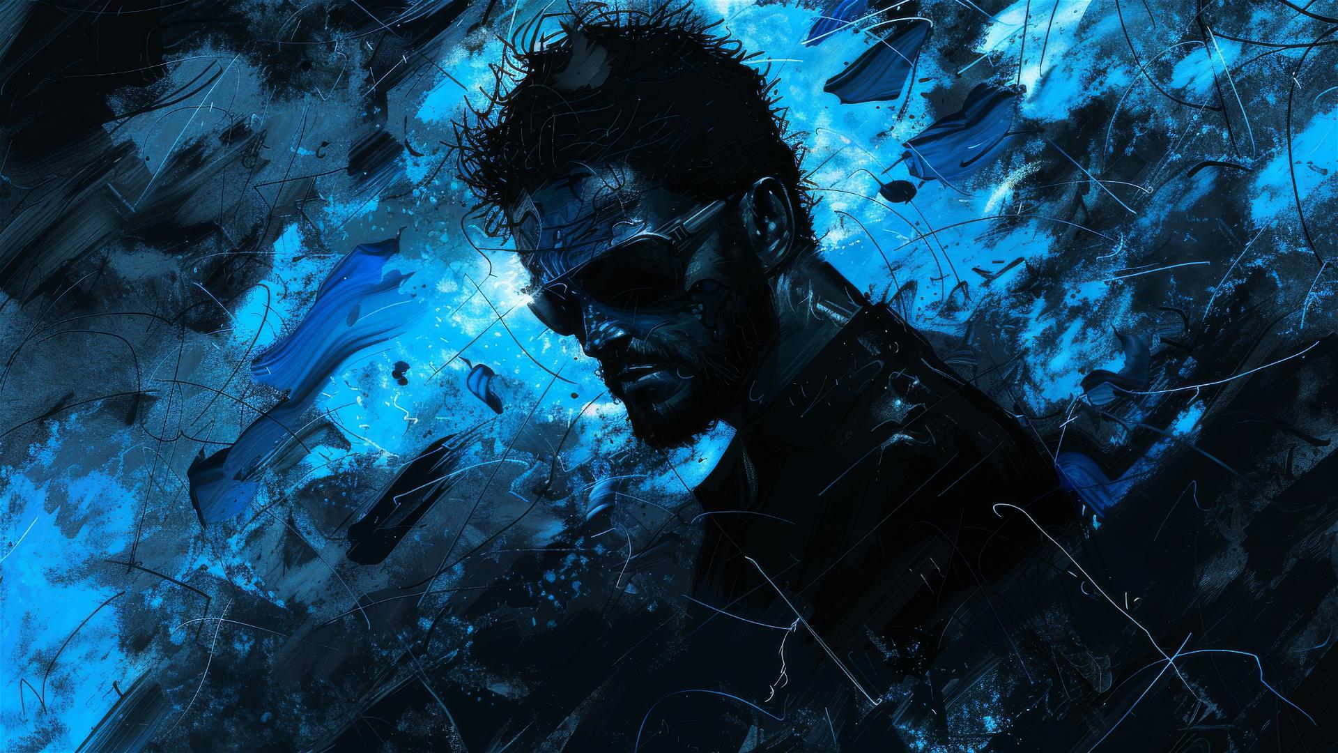 Sharp character in sunglasses, deep blues, heavy shadows, 'Disco Elysium' style