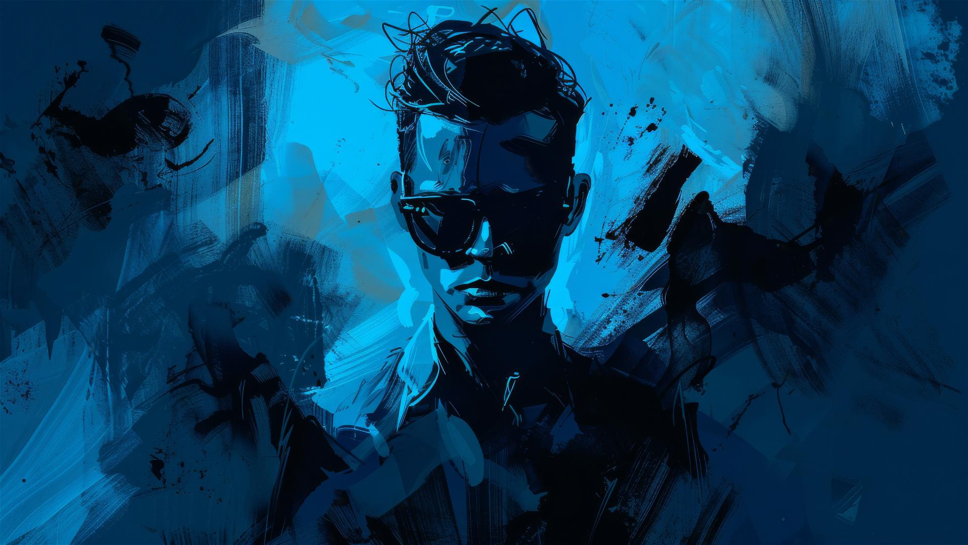 Artistic portrayal of a sharp character with sunglasses against a blue and black backdrop