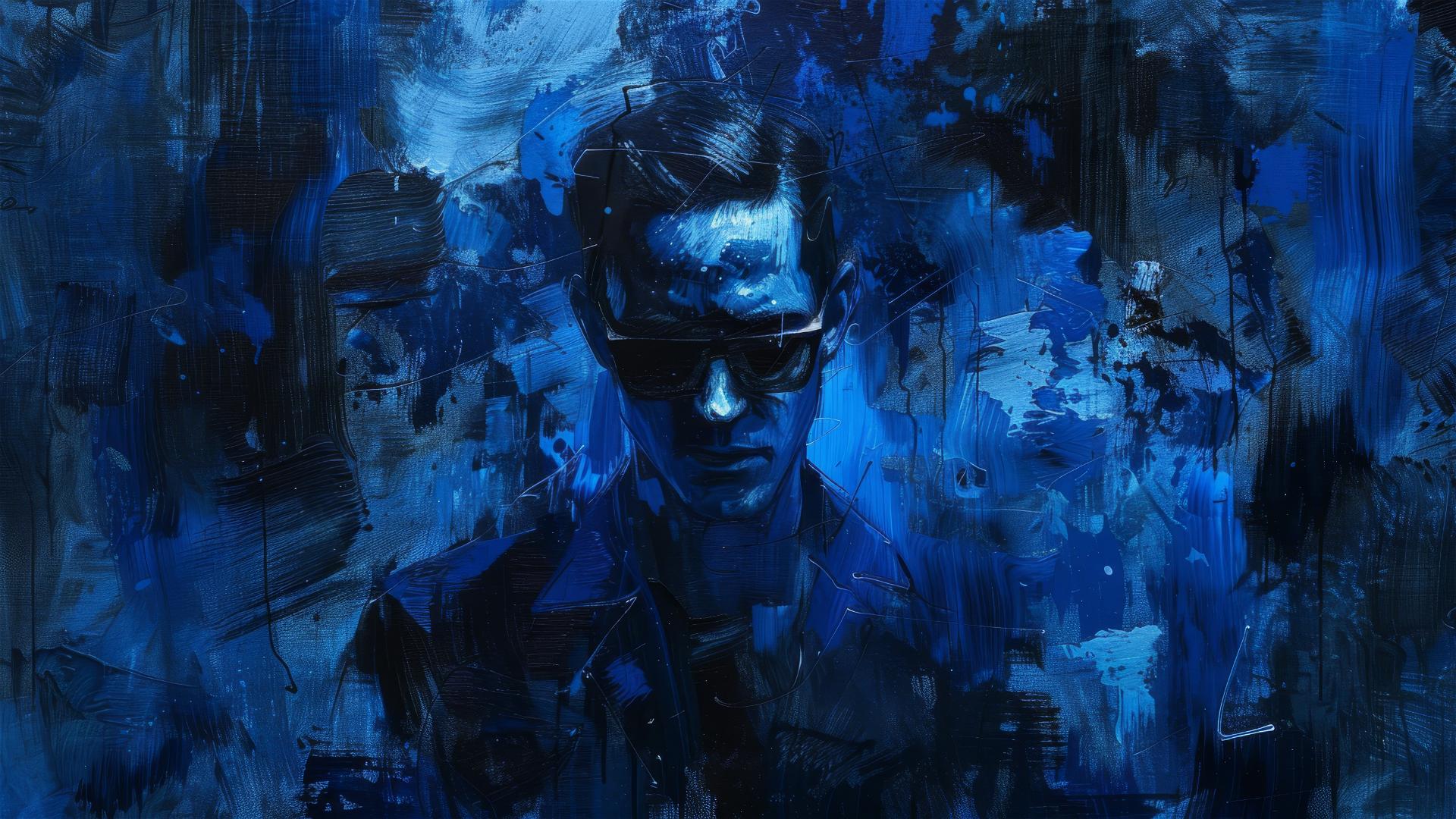 Sharp character with sunglasses amid deep blues, 'Disco Elysium' style by Greg Rutkowski