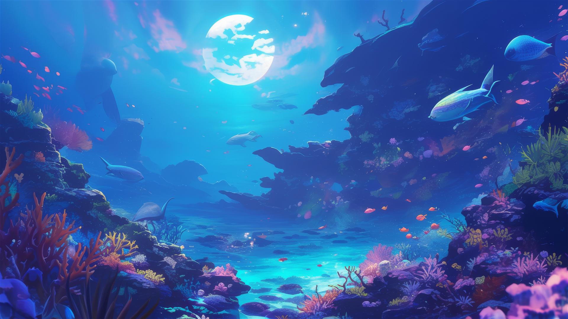Moonlit coral reef with rays of light and vibrant marine life