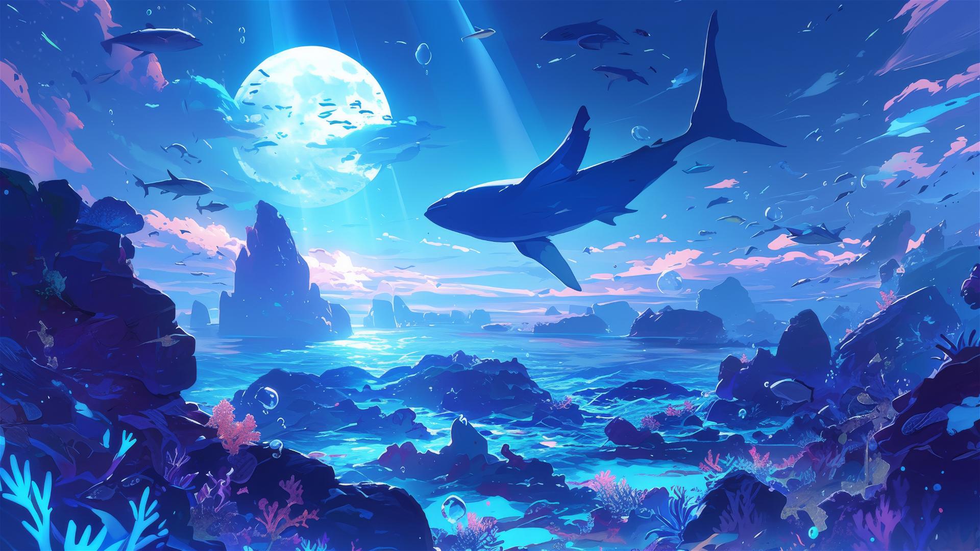 Moonlit coral reef with radiant marine life and piercing light rays