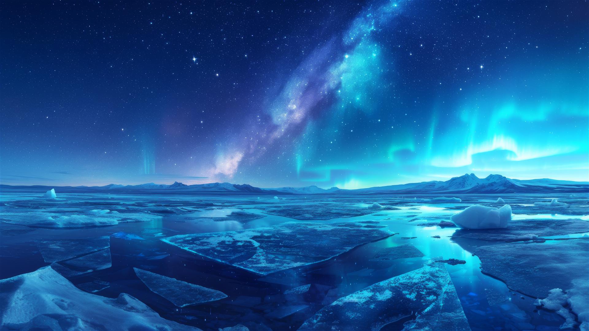 Northern Lights over icebergs and frozen tundra