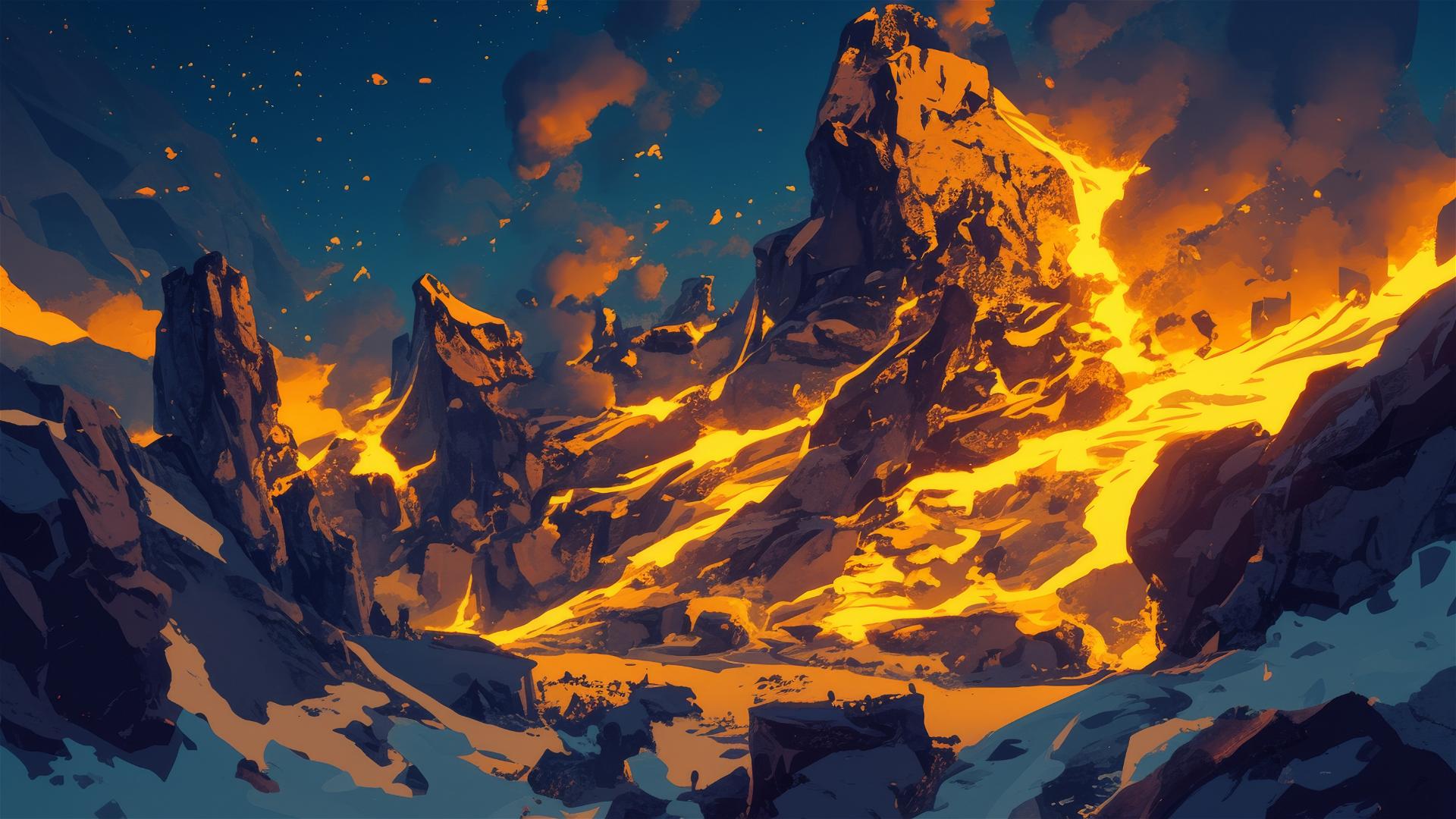 Glowing lava flow against dark volcanic rocks at night