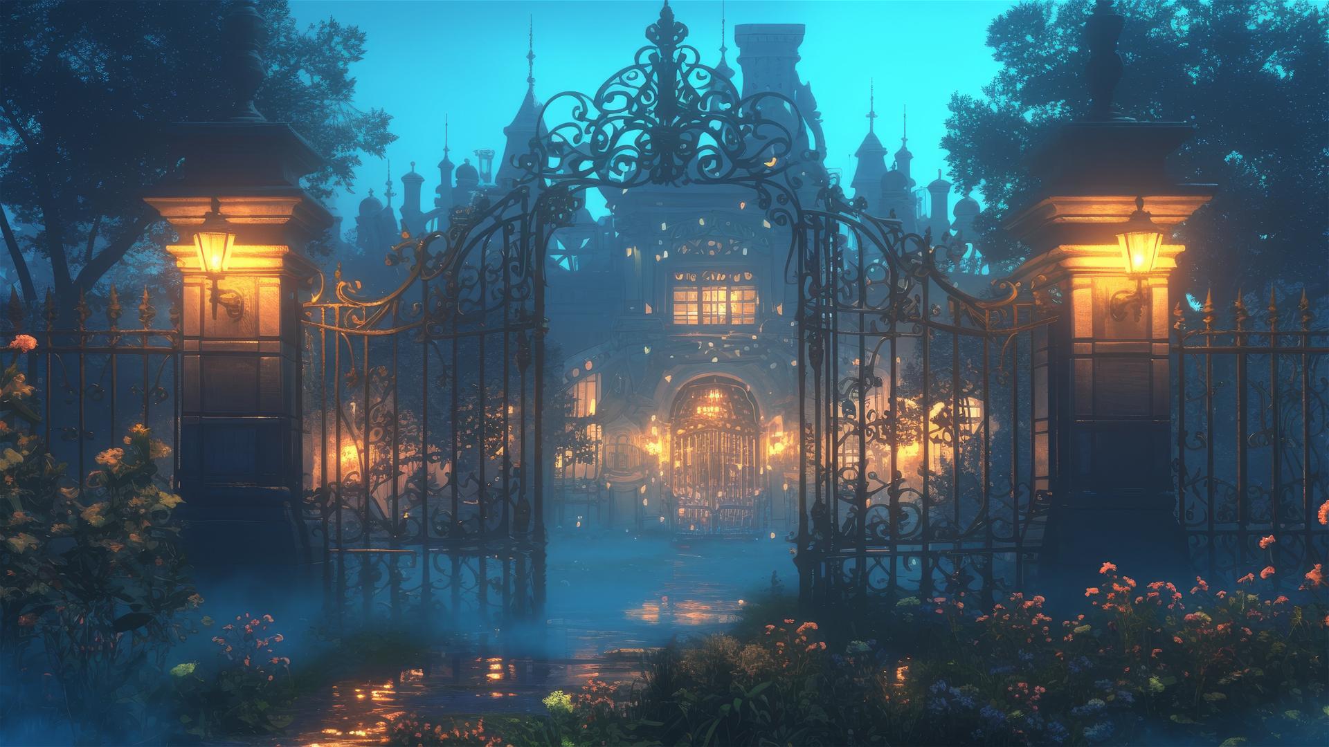 Victorian garden at twilight with open ironwork gates, glowing lights, and fog