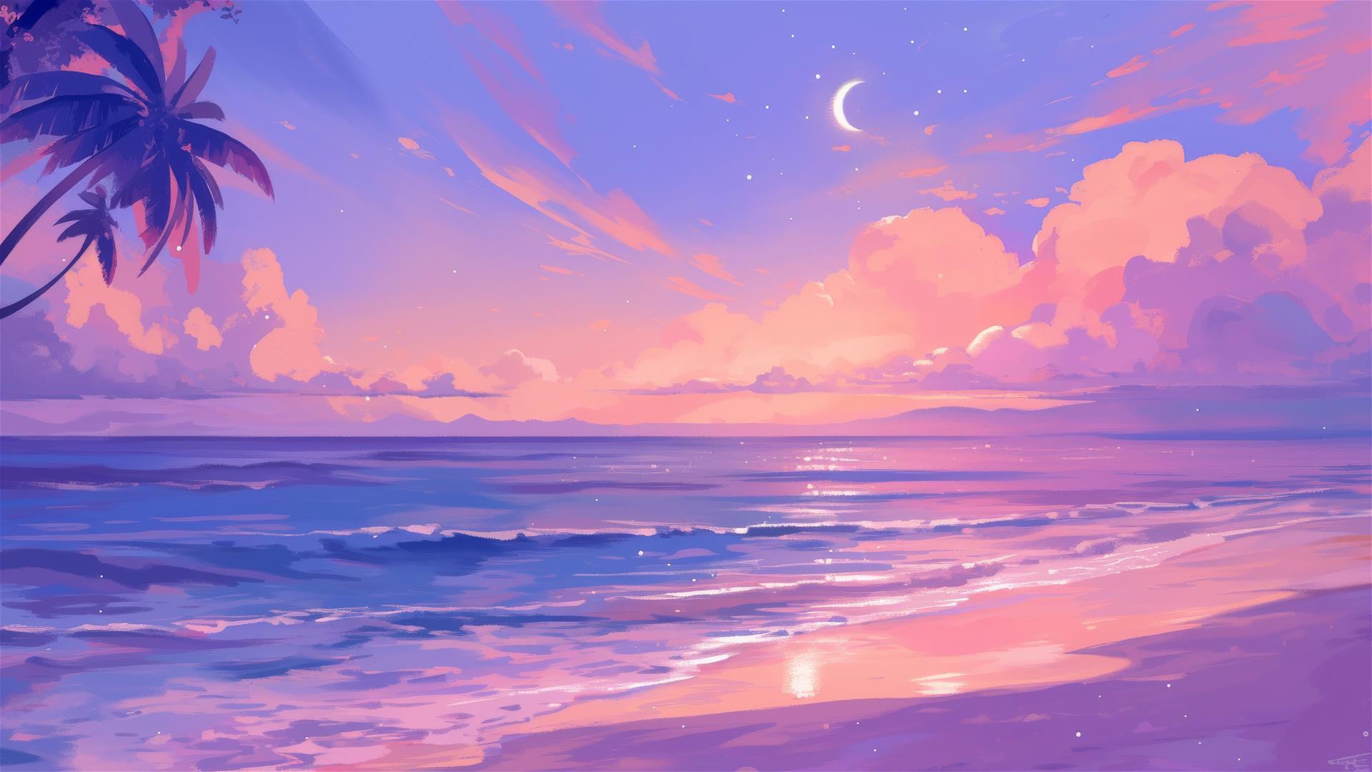 Dreamy beach twilight with pink purple sky reflecting moonlight