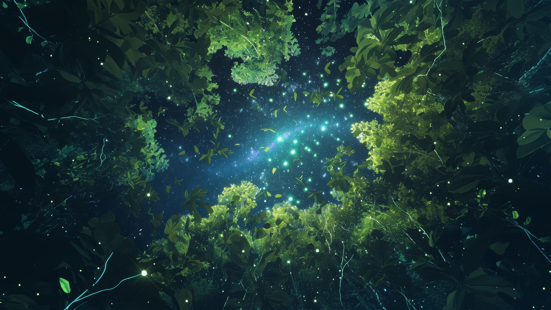Bioluminescent rainforest canopy resembling a starry night sky