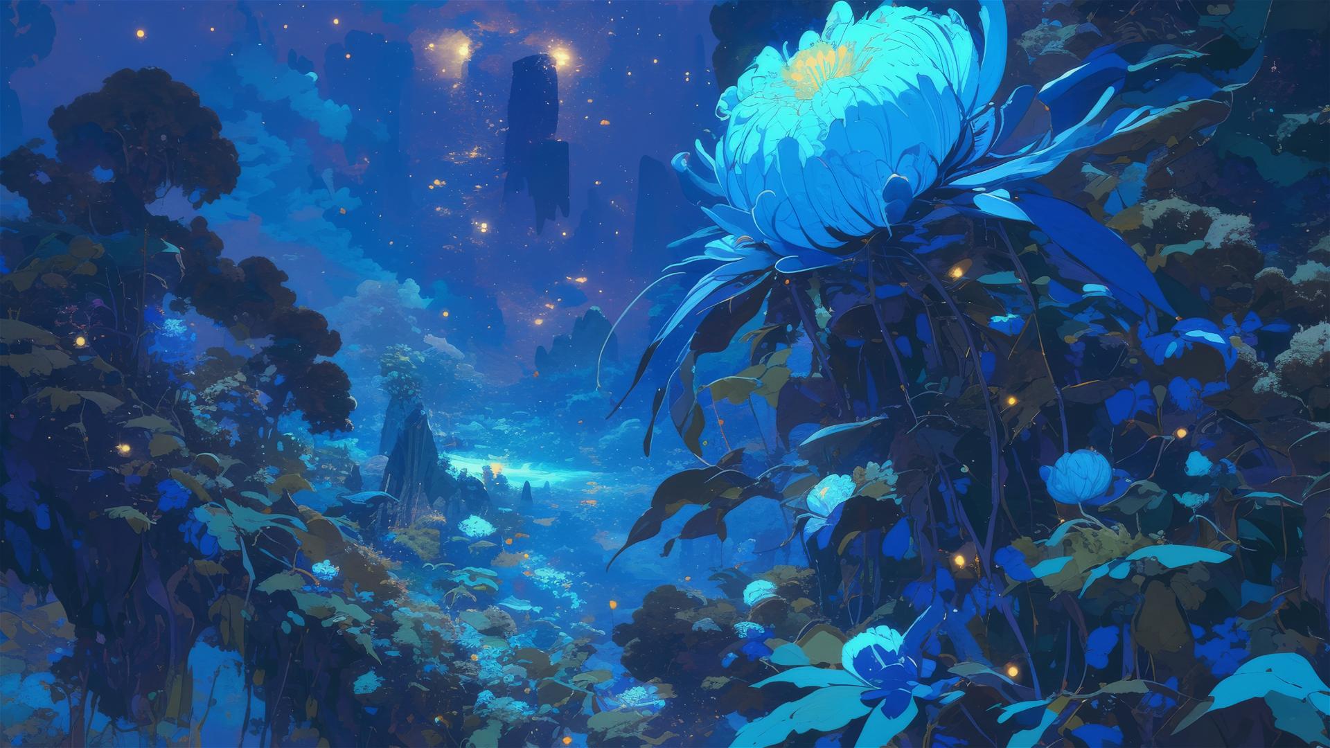 Luminescent flowers glowing under moonlight on a remote island at night