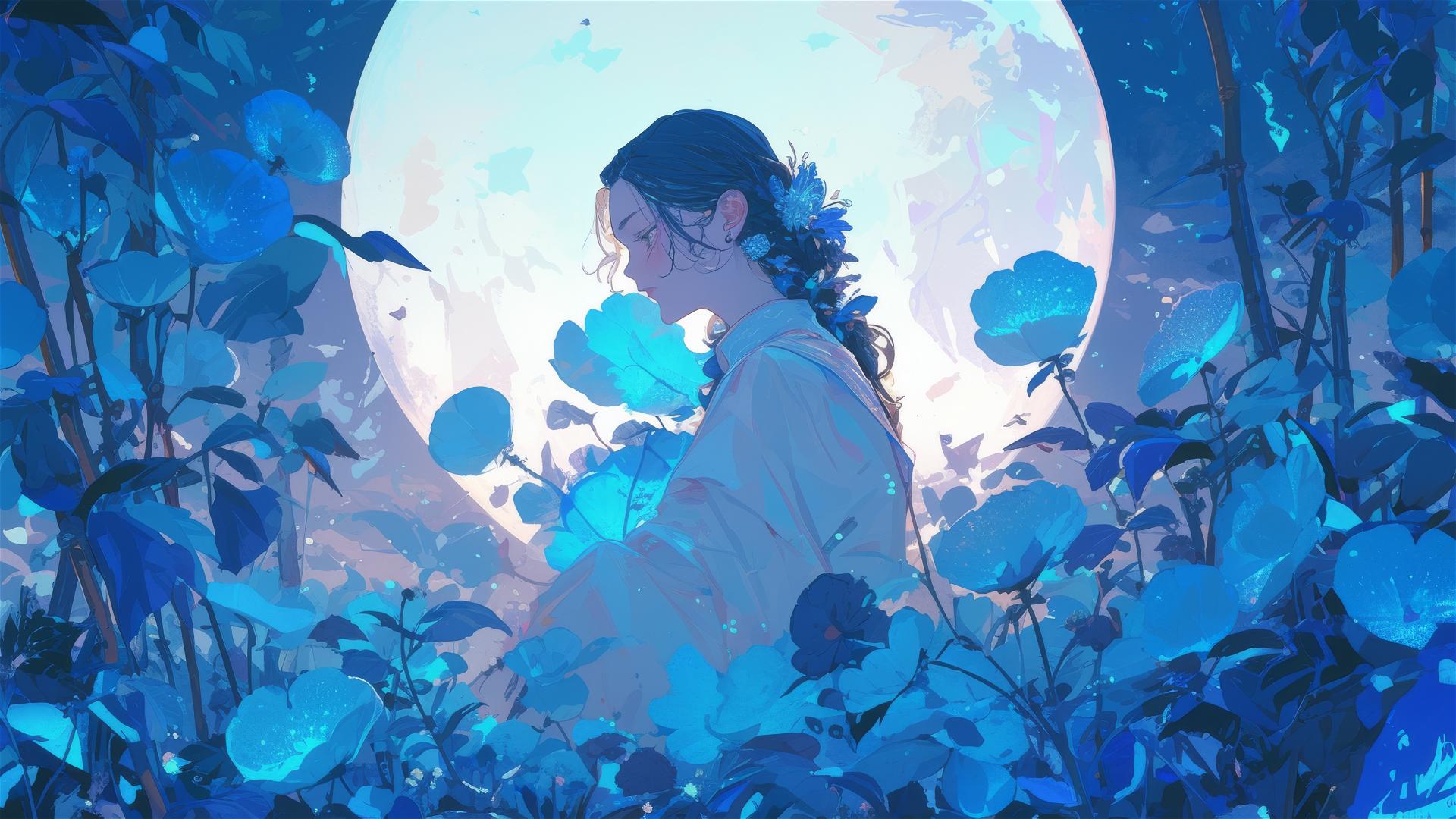 Luminescent flowers opening at night on a secluded island