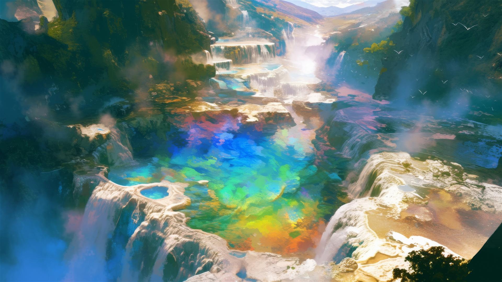 Rainbow mist over thermal springs