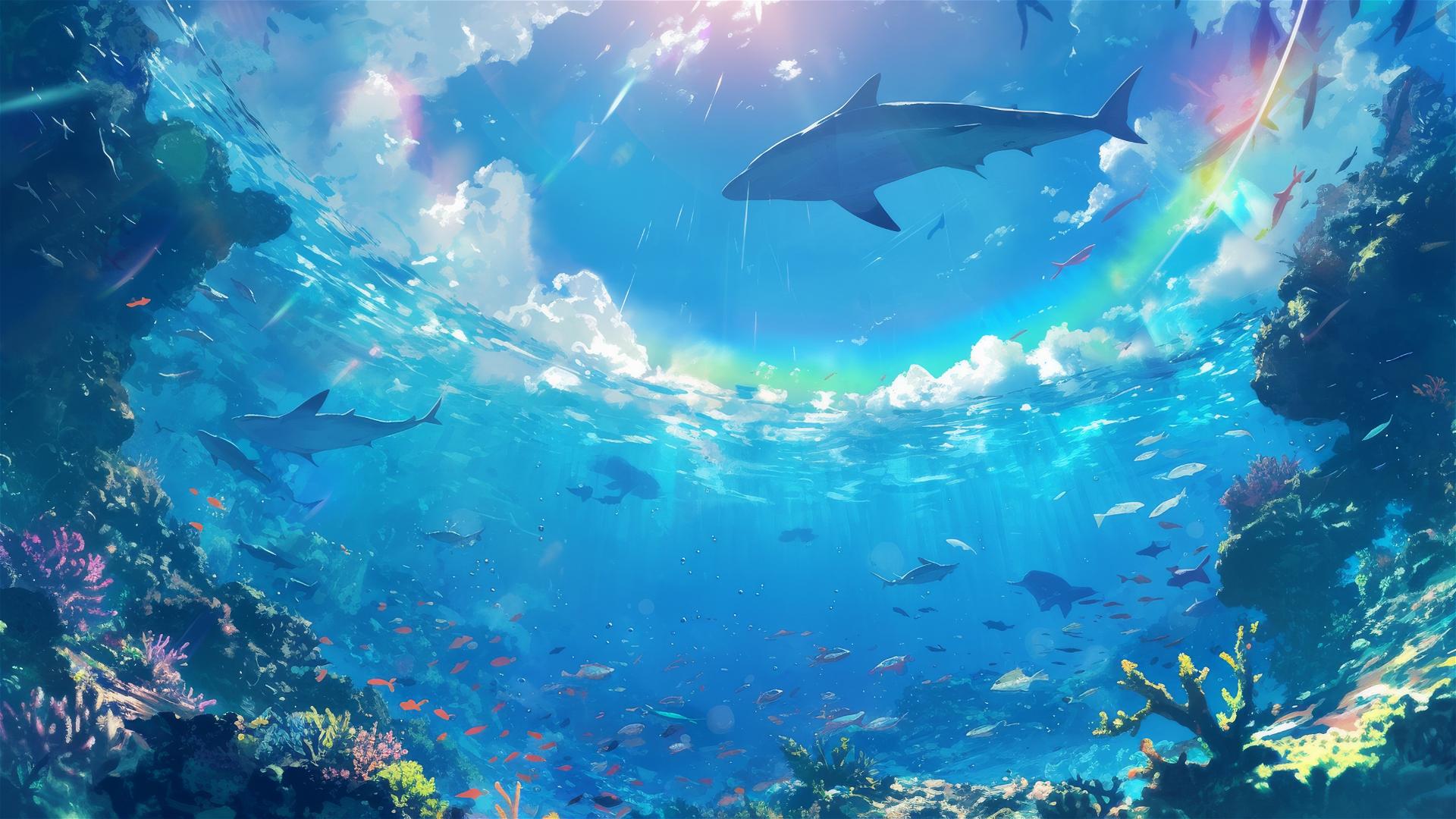 Diverse marine life on a colorful rainbow reef with crystal-clear waters and sunlight creating an underwater spectrum
