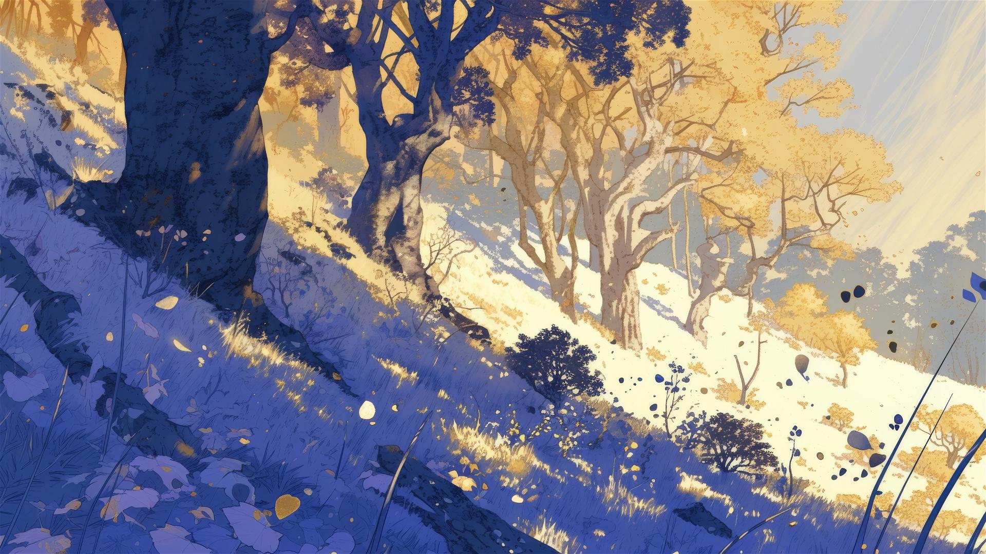Whispering leaves on a windy hillside with narrative trees