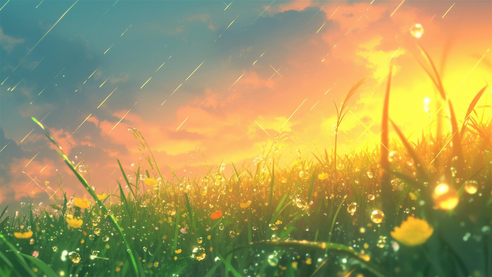 Meadow with dew drops sparkling like pearls in early sunlight