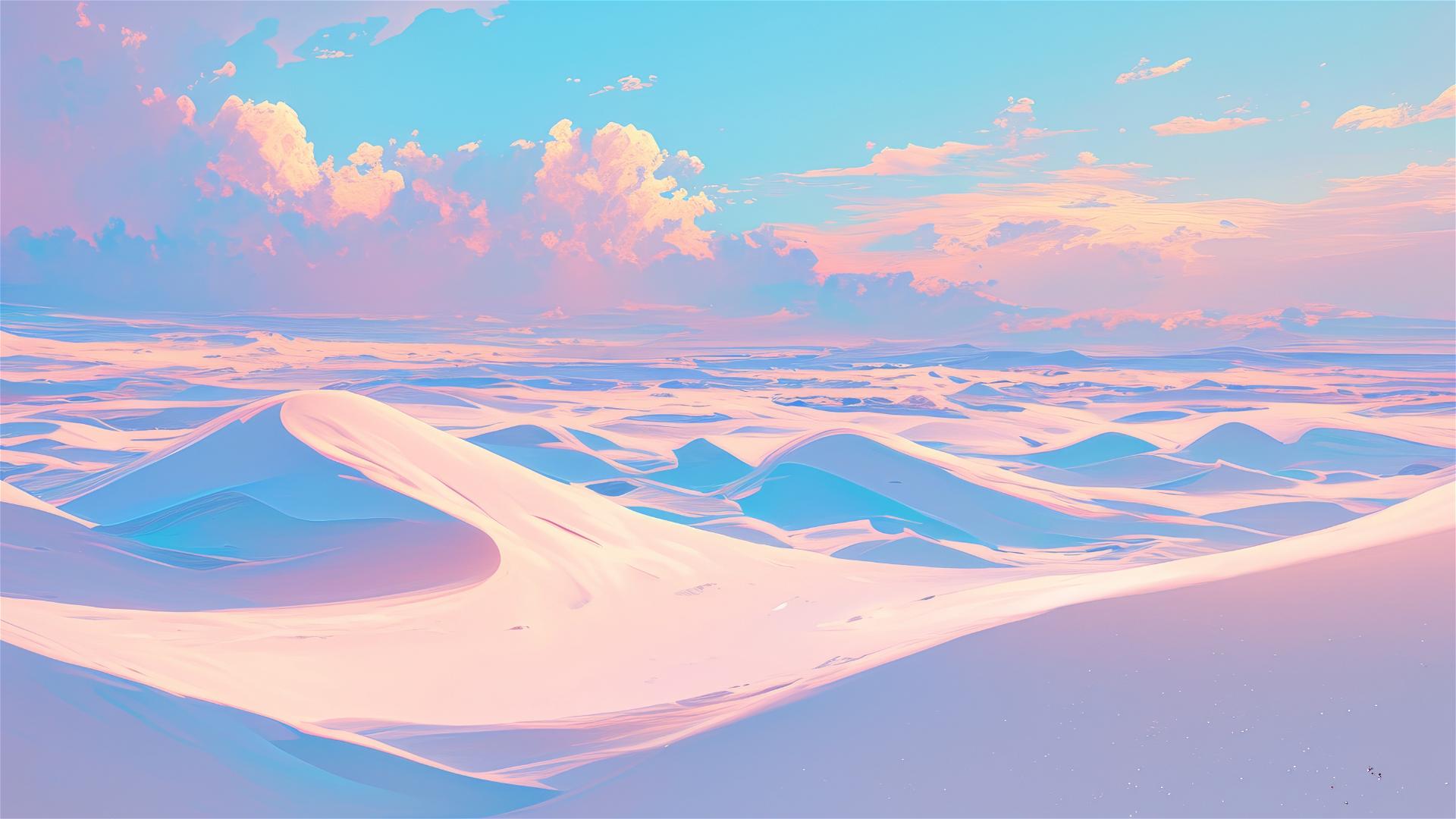 Soft pastel-colored sand dunes under a tranquil sky