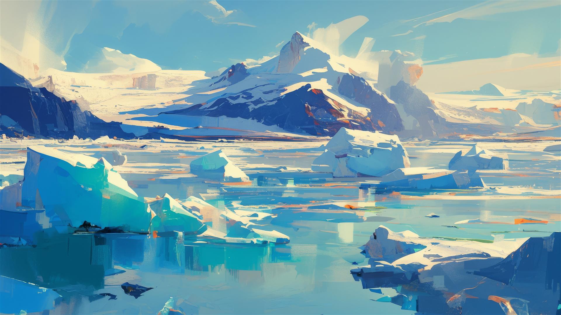 Icebergs in glacier lagoon under midnight sun