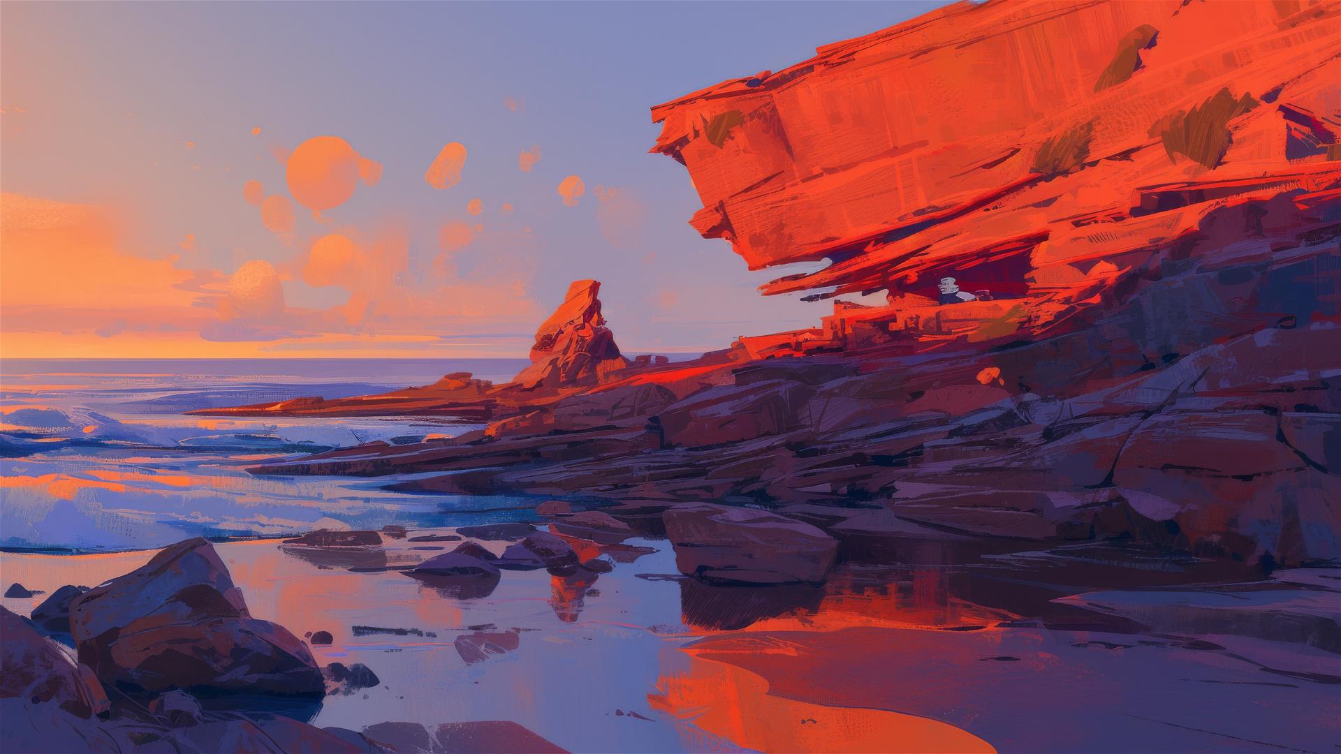 Color-layered cliffs at sunset mirroring vibrant dusk sky
