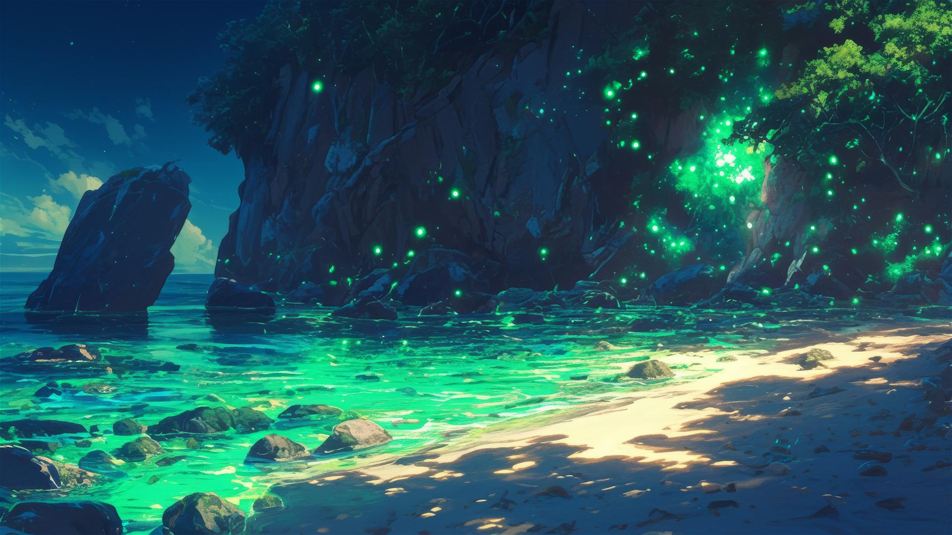 Phosphorescent algae at moonlit cove