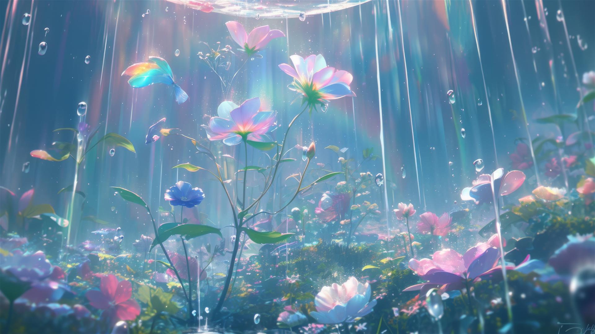 Holographic rain with 3D native flora and fauna illusions