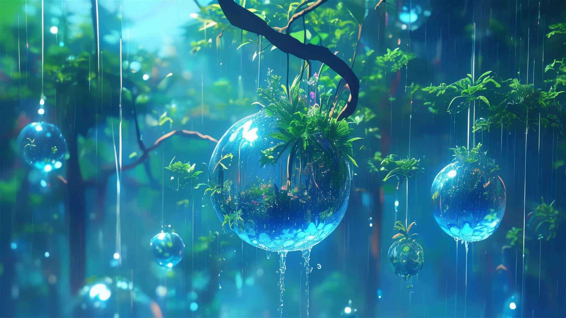 3D illusory holographic rain with native flora and fauna