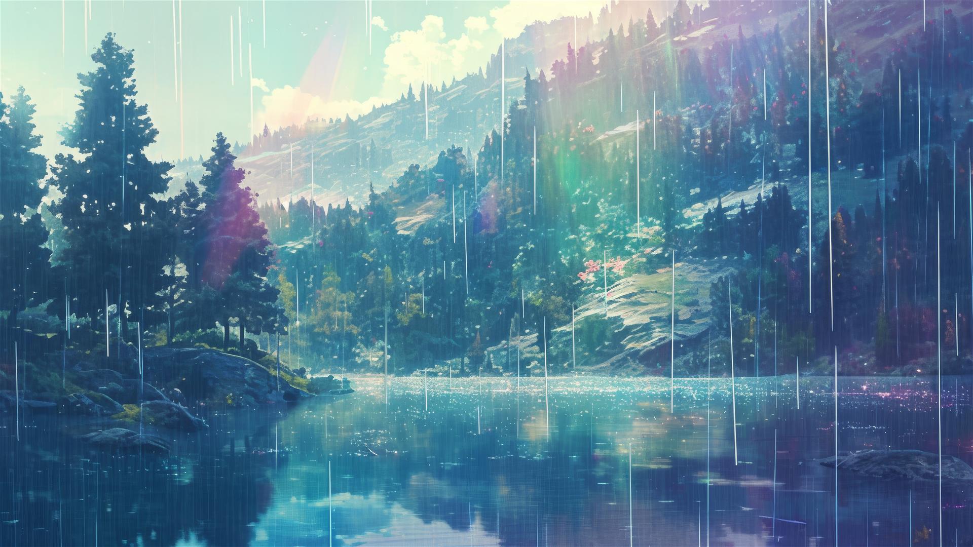 Holographic rain causing ripples in a mountain lake with pine reflections