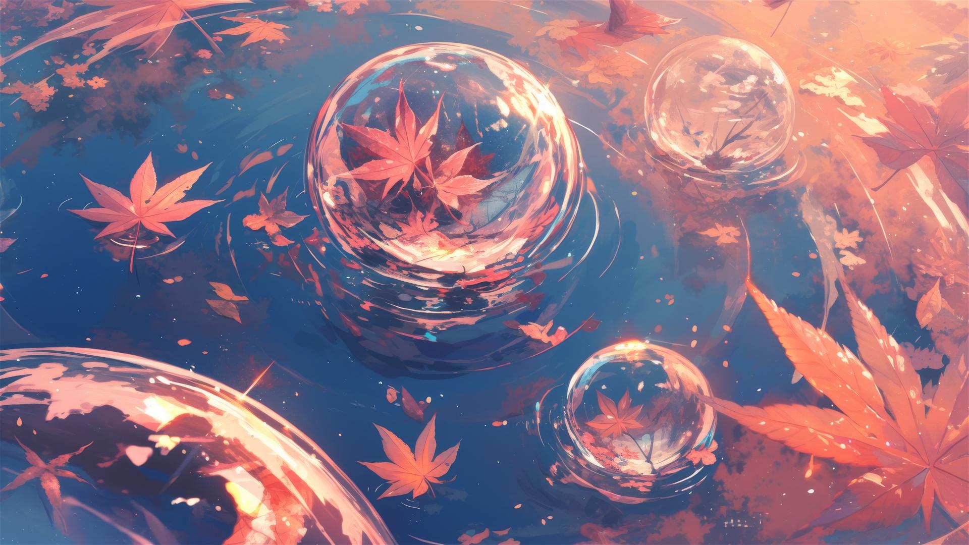 Frozen bubbles with autumn leaves in an icy pond