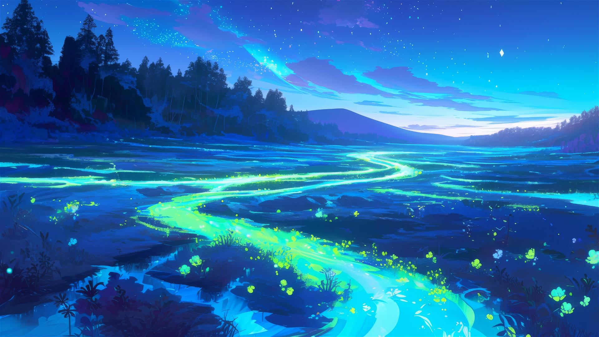 Glowing river flowing into a lake under a luminescent night sky