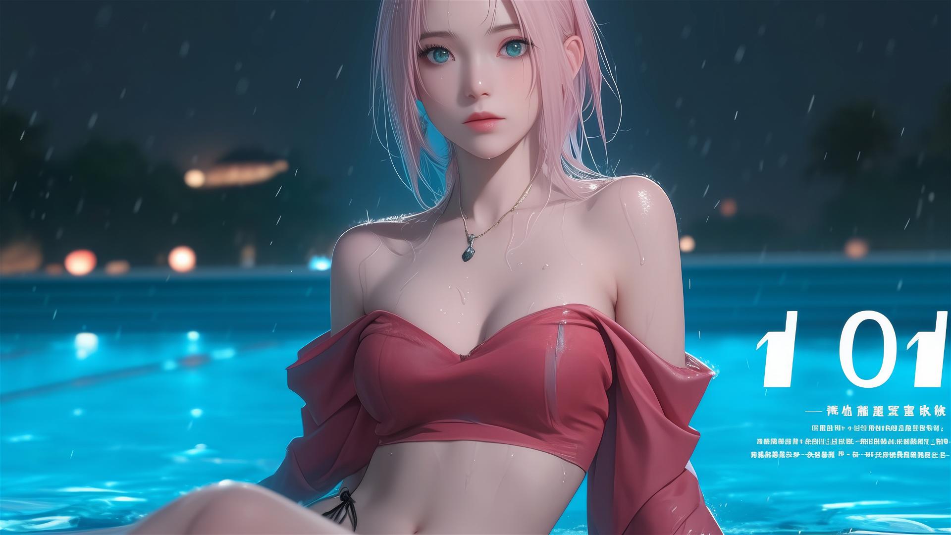 Haruno Sakura resting by a pool under moonlight, short hair, dressed in pink