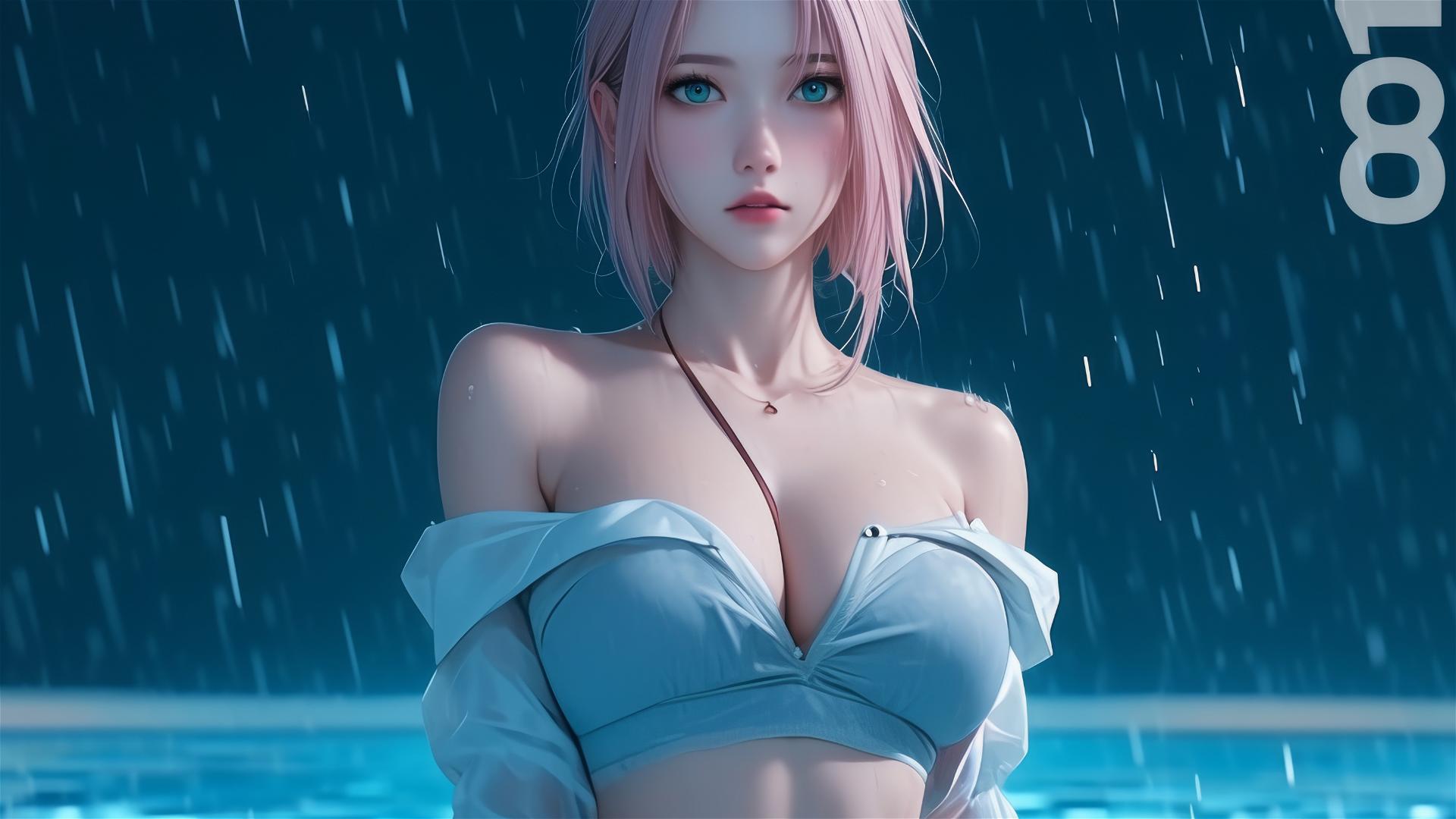Haruno Sakura from Naruto standing in a rainy pool with moonlight glow on her figure.