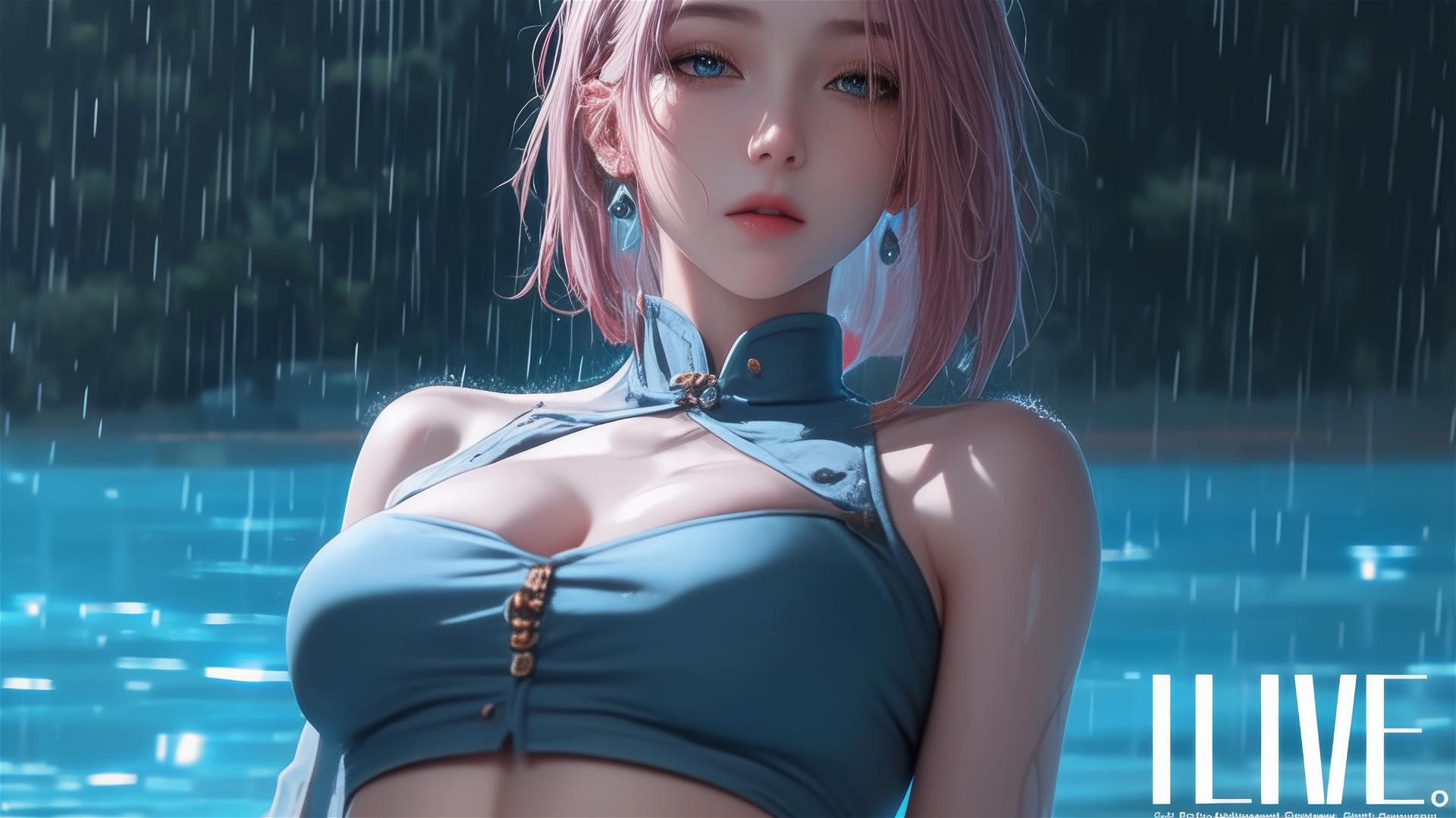 Haruno Sakura from Naruto resting by a pool with moonlit glow