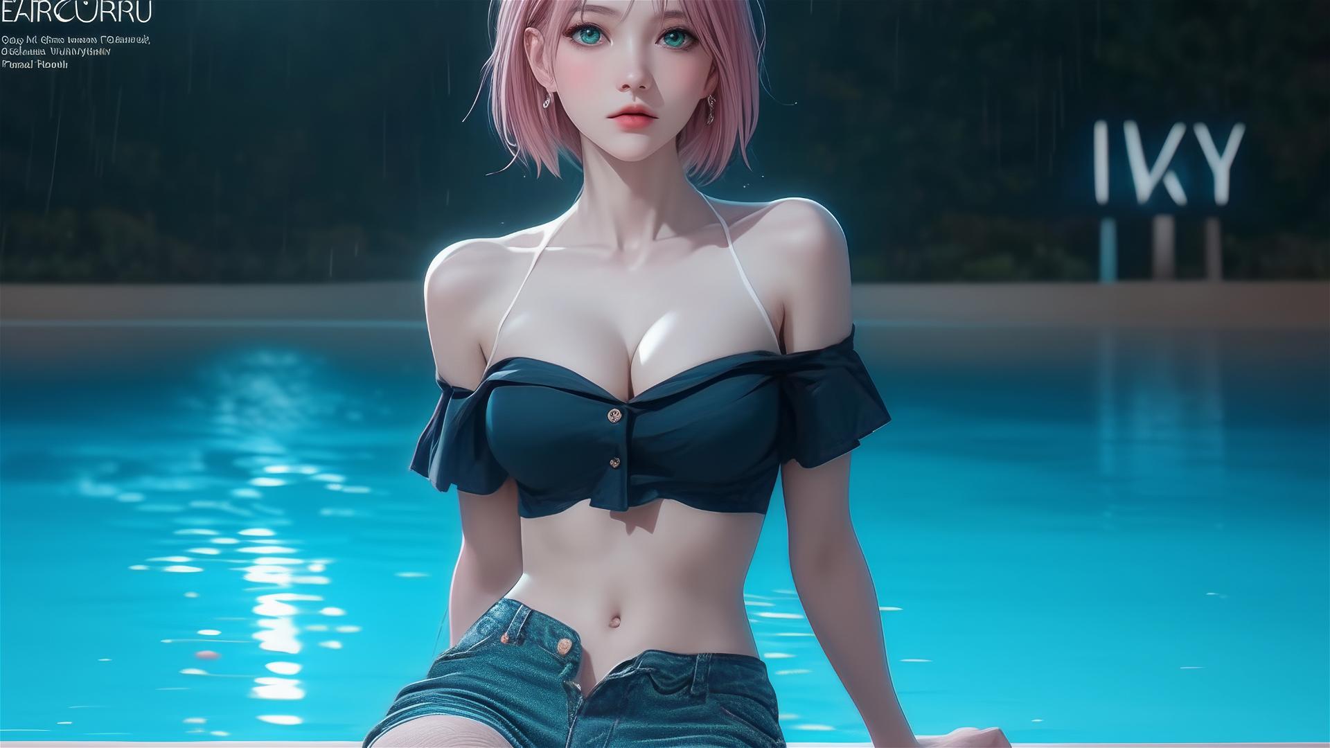 Haruno Sakura resting by a rainy pool under moonlight, short hair