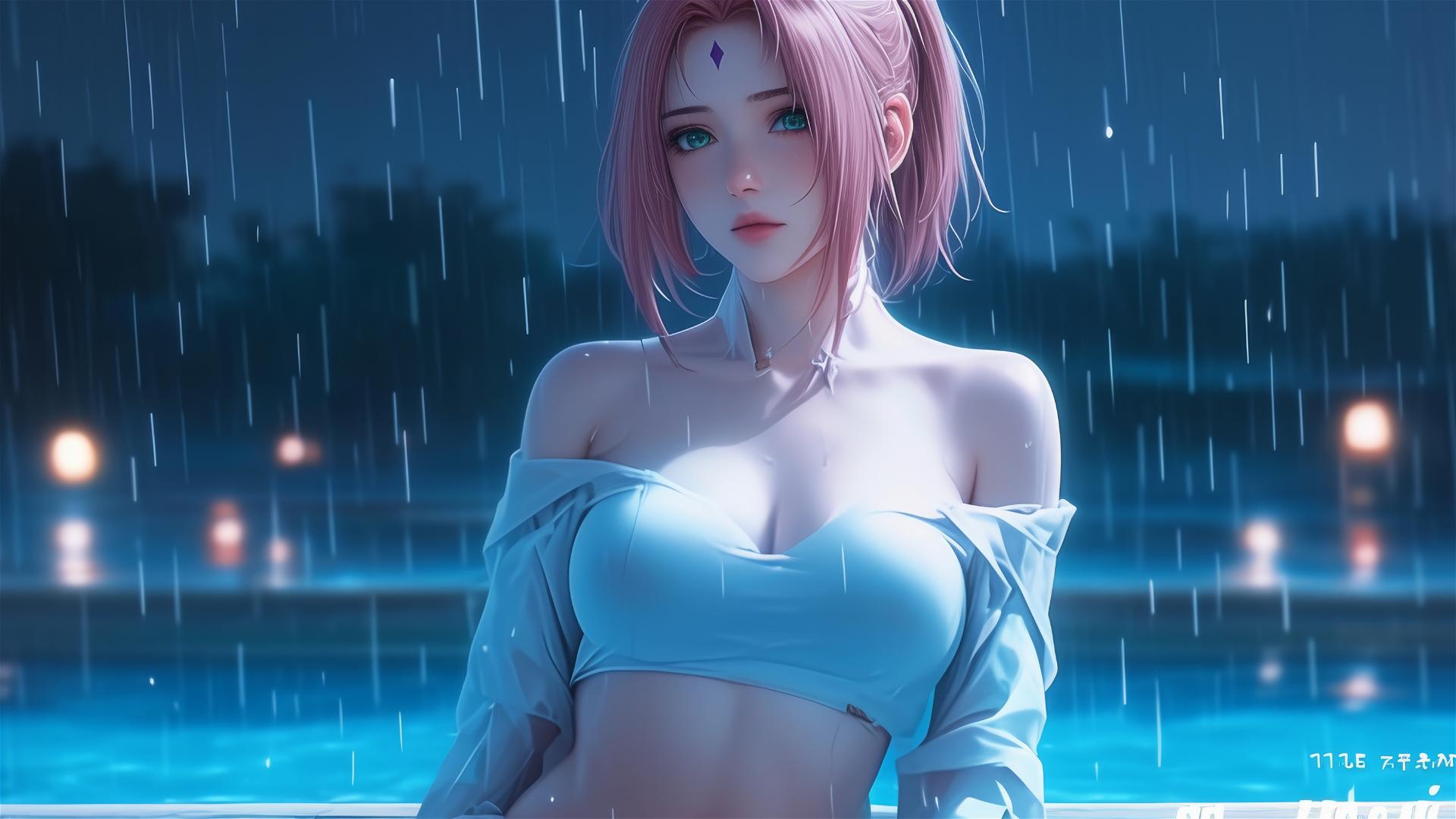 Haruno Sakura resting by a pool in moonlight with rain, short hair