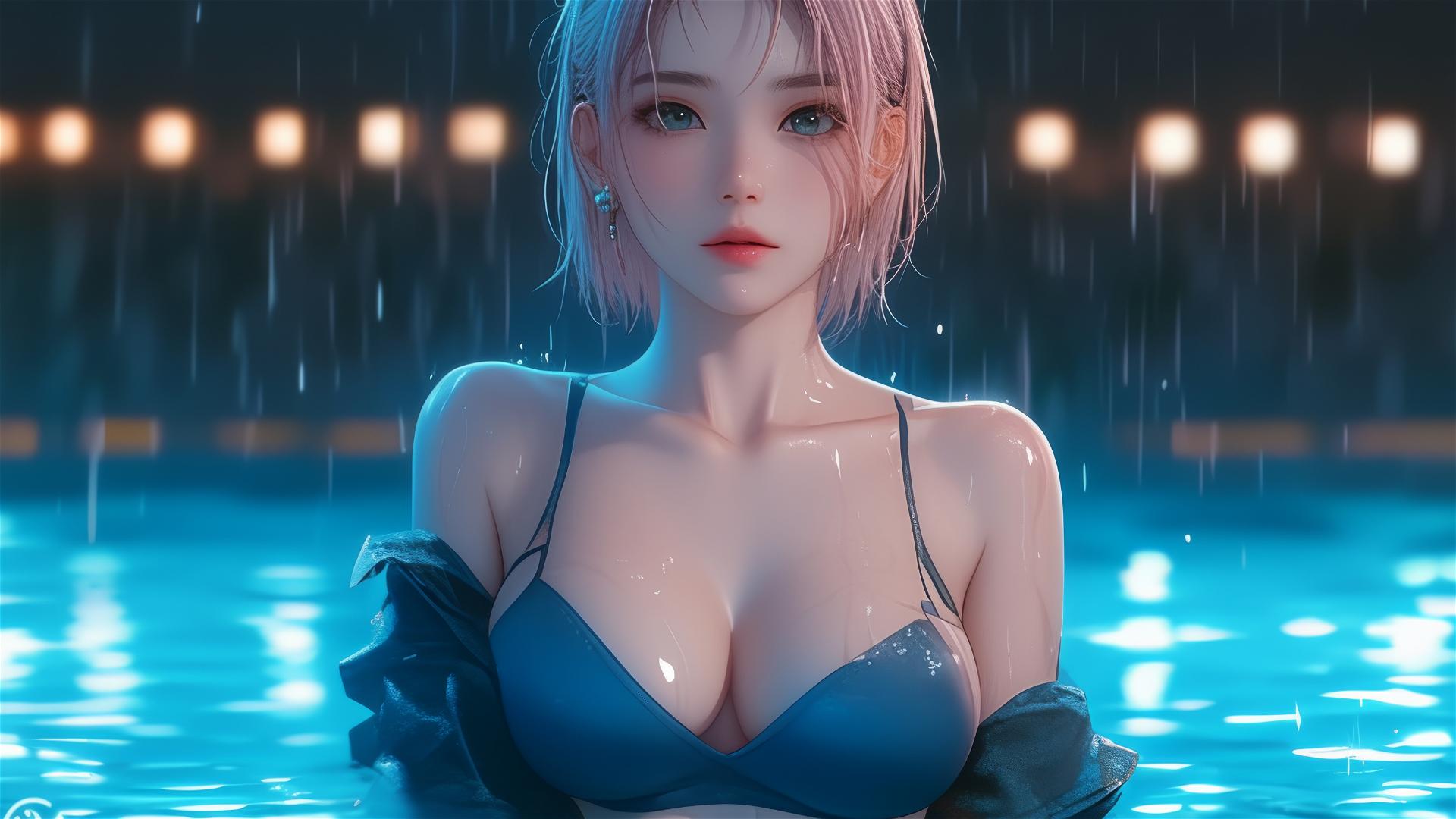 Haruno Sakura resting by pool in moonlight with rain