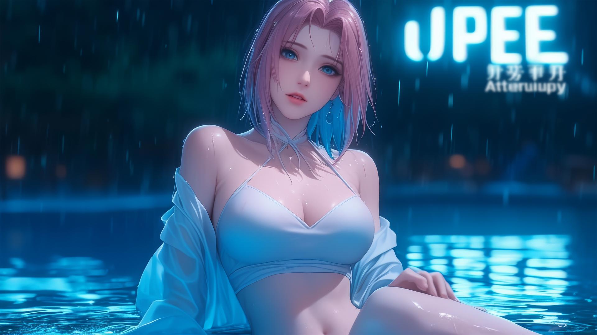 Haruno Sakura resting by a pool in moonlight, short hair, dressed in white