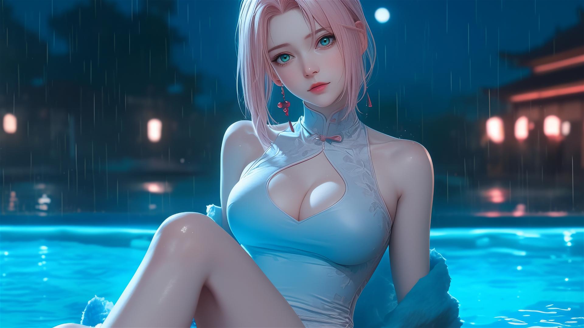 Haruno Sakura resting by a pool under moonlight