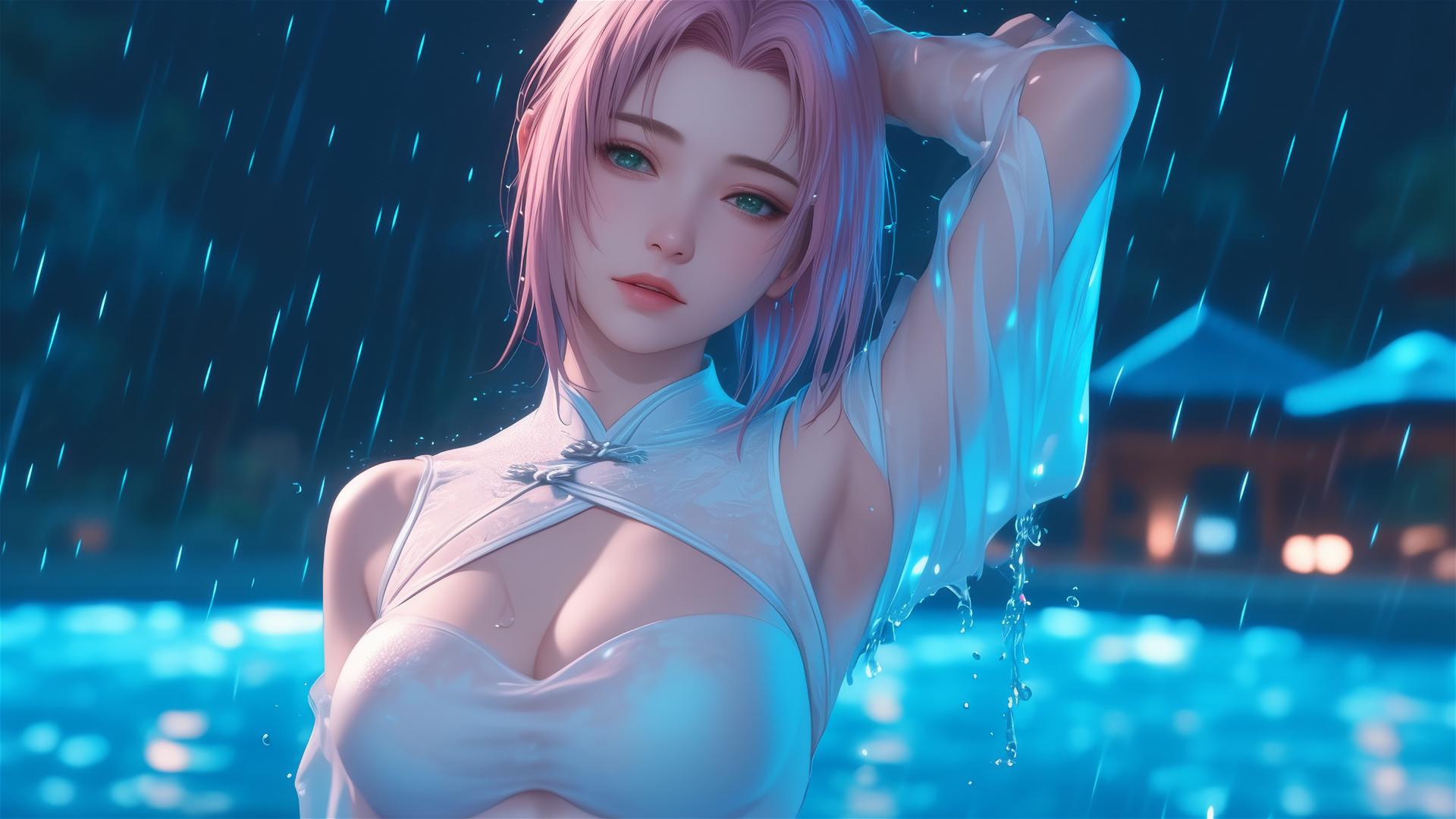 Haruno Sakura from Naruto resting by a pool in moonlight