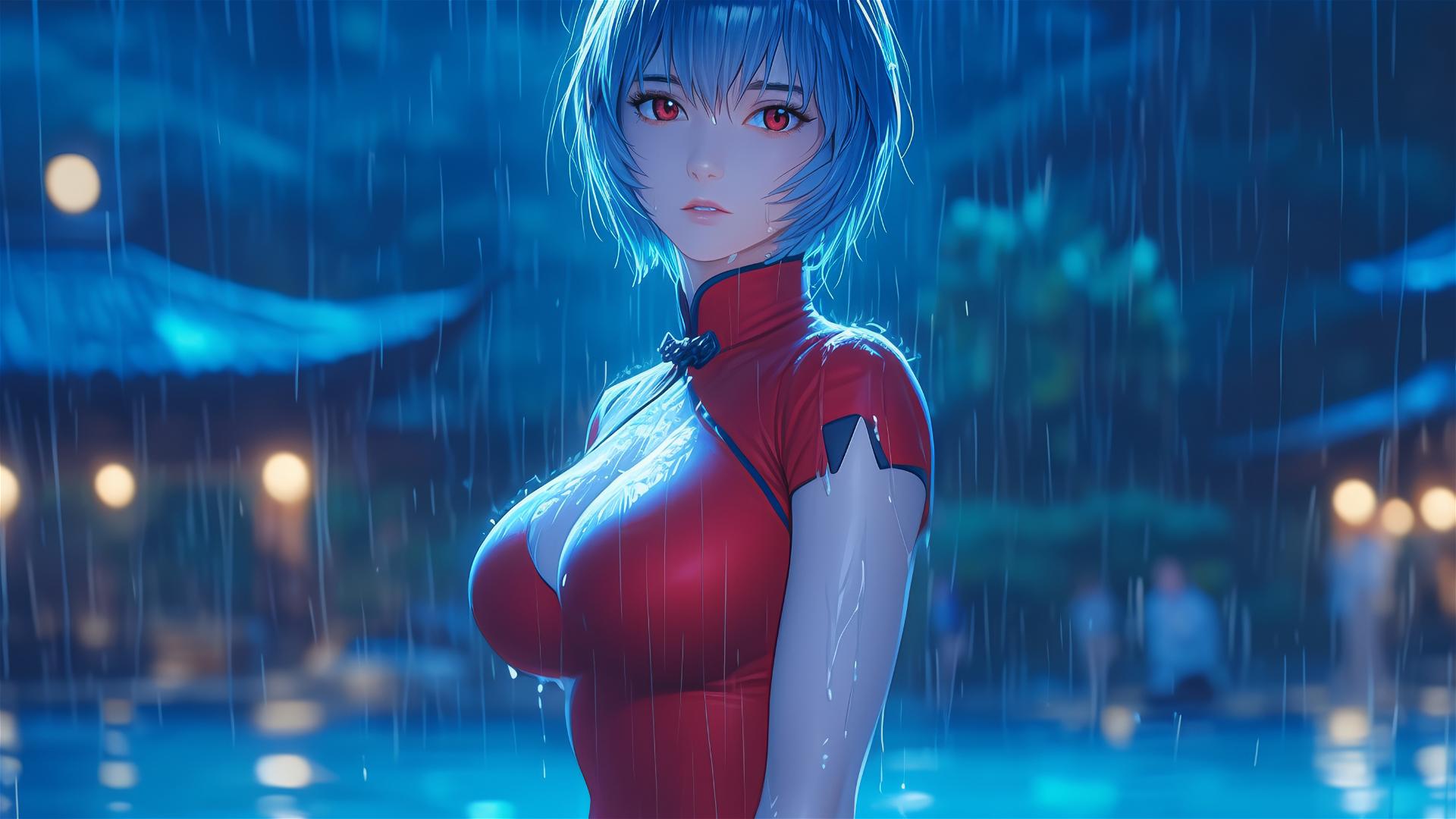 Rei Ayanami in a rainy pool, moonlight glow, red shirt, short blue hair
