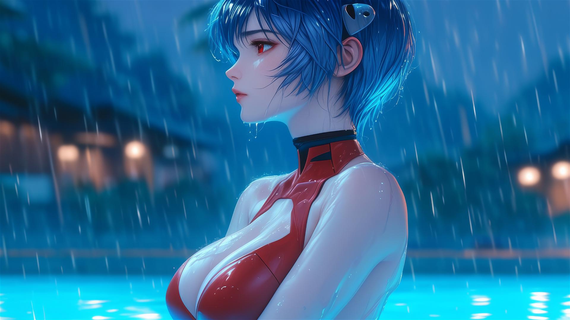 Rei Ayanami in rainy pool with moonlight glow, red shirt, short blue hair