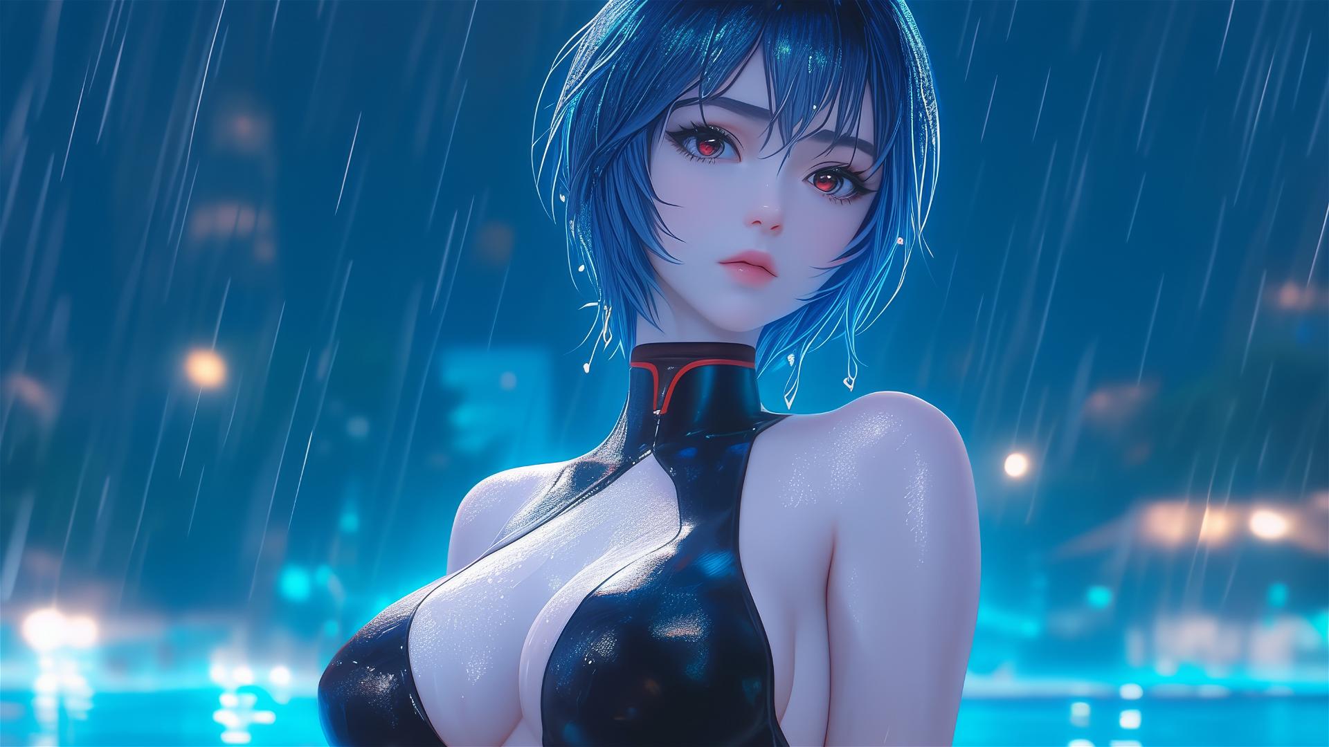 Rei Ayanami of Neon Genesis Evangelion standing leisurely in a rainy pool under moonlight