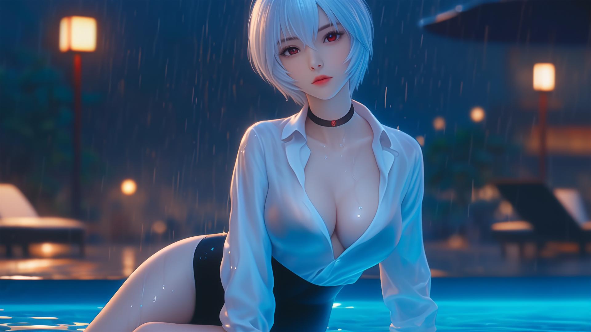 Rei Ayanami resting by a pool in the moonlight, rain falling, wearing a dark shirt