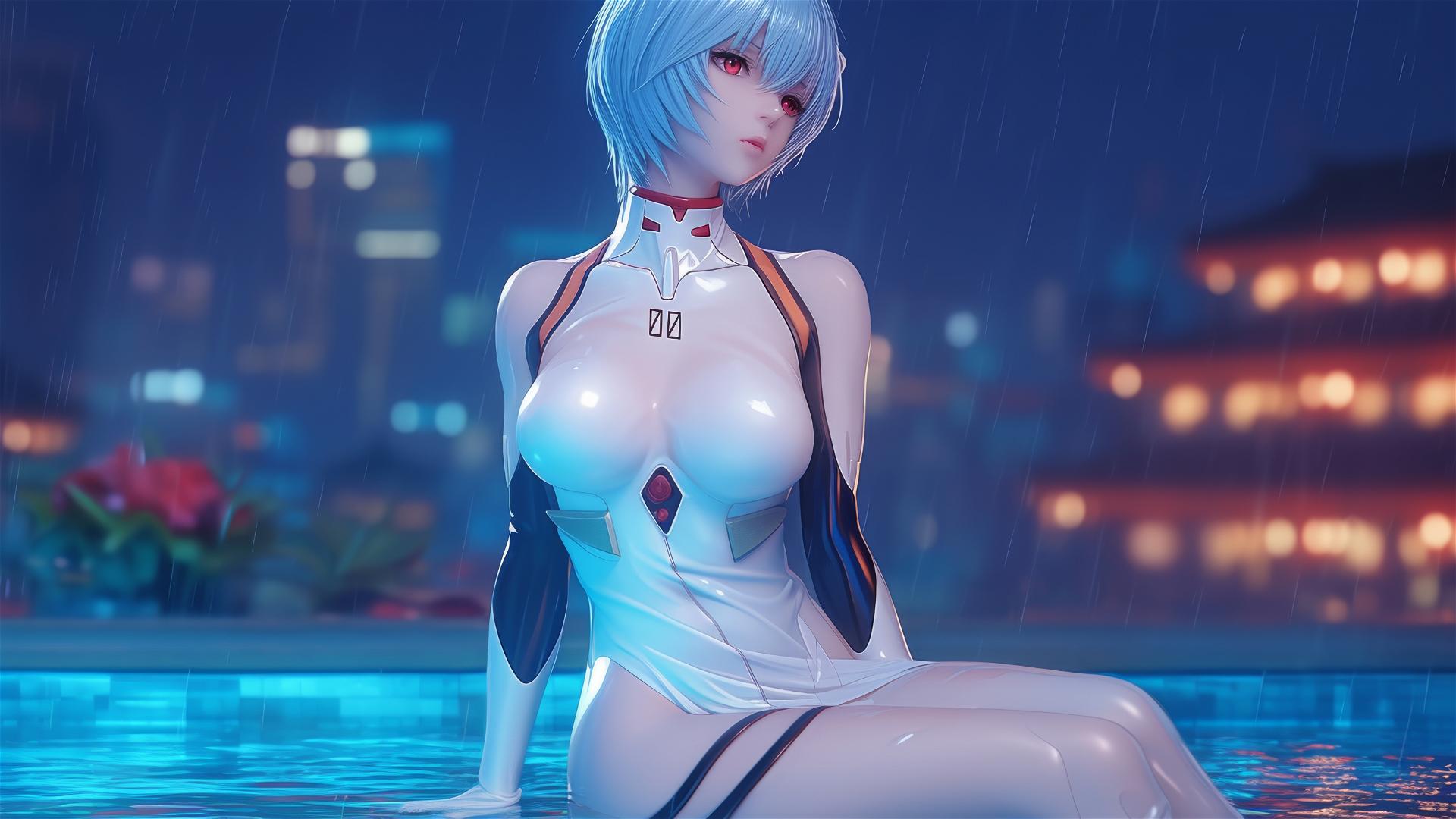 Rei Ayanami resting by a pool in moonlight, white dress, Neon Genesis Evangelion