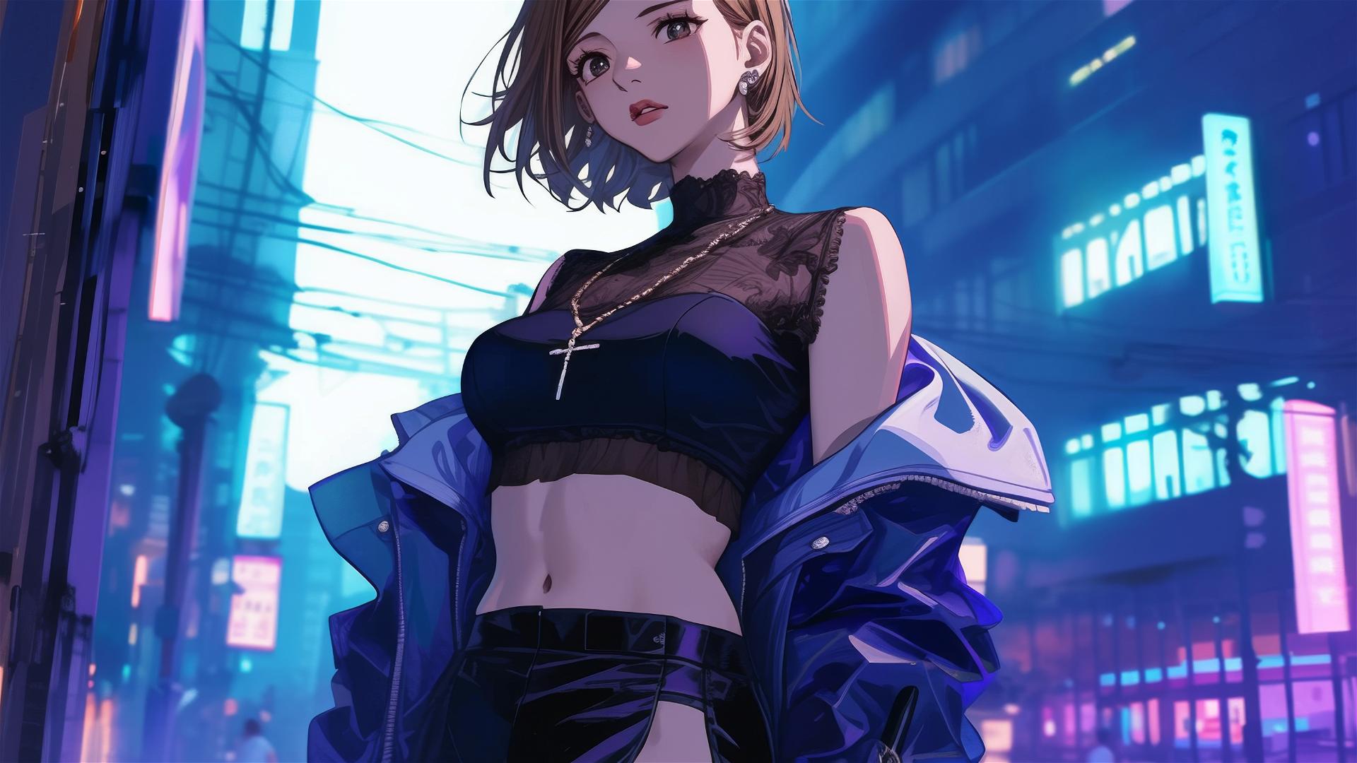 Nobara Kugisaki in modern attire on neon Tokyo street