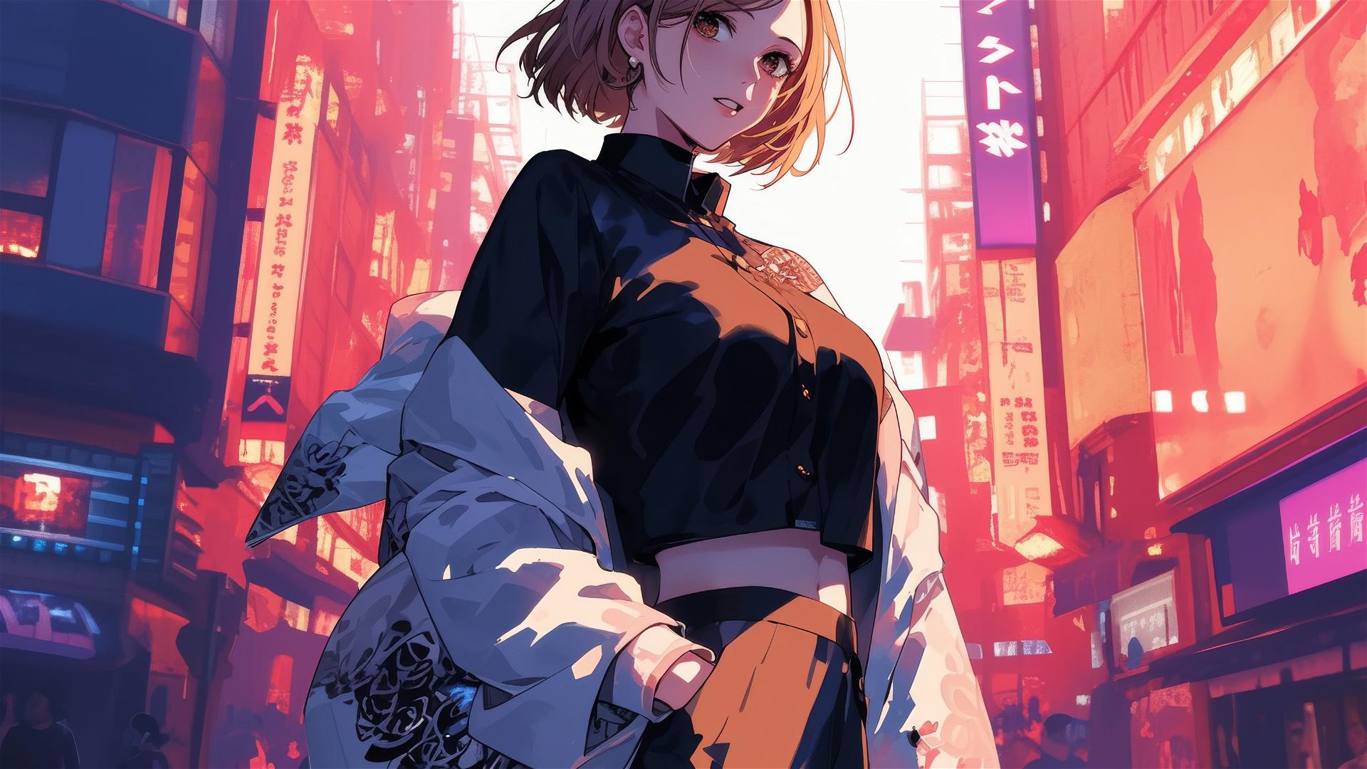 Nobara Kugisaki in modern attire on a neon Tokyo street