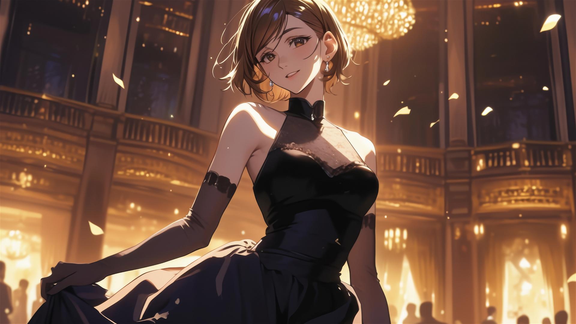 Nobara Kugisaki from Jujutsu Kaisen in an elegant opera gown at Tokyo Opera City