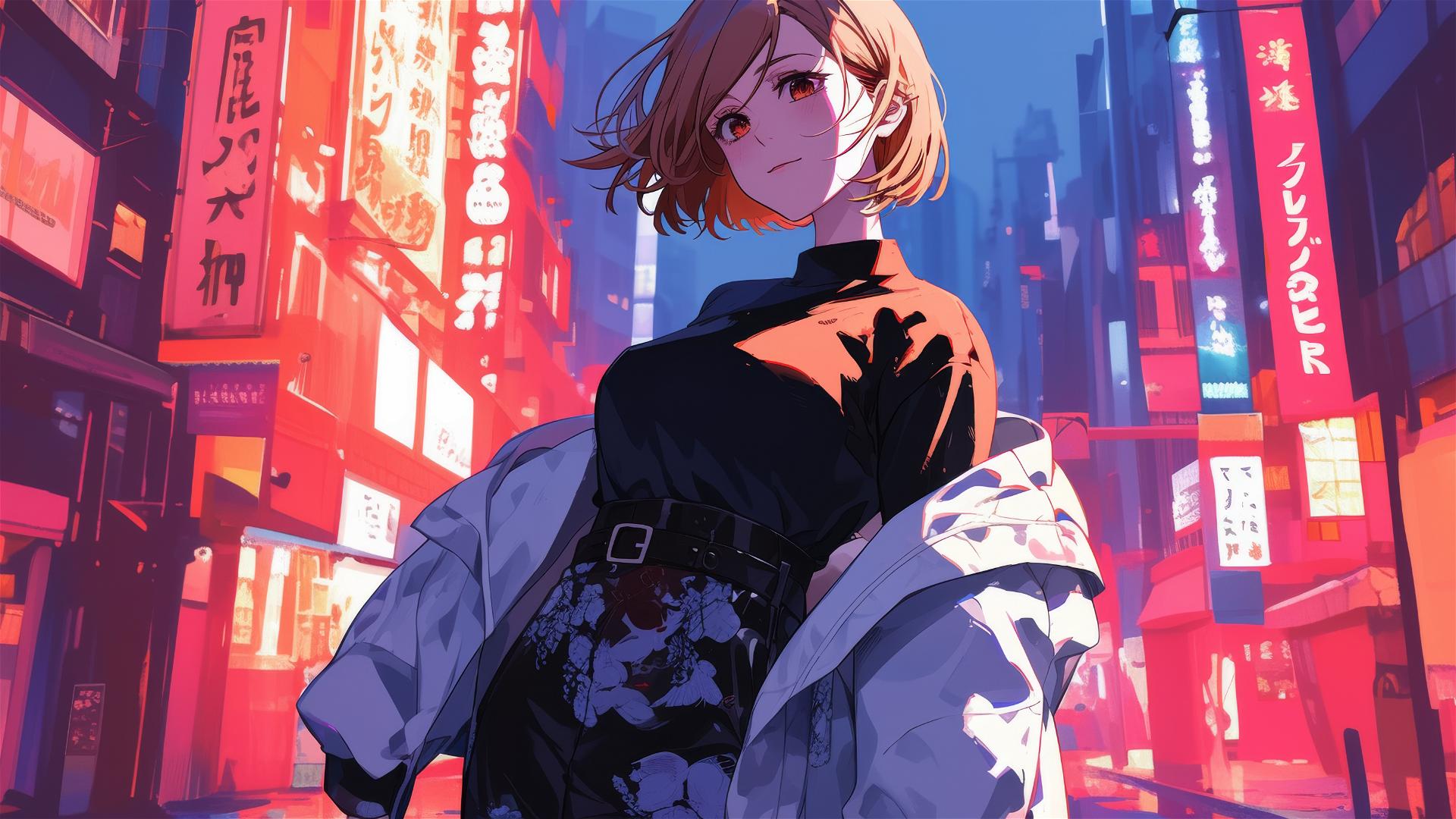 Nobara Kugisaki in modern attire on neon Tokyo street