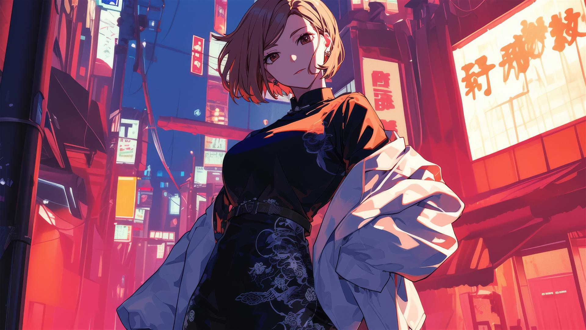 Nobara Kugisaki in modern Japanese attire on neon-lit Tokyo street