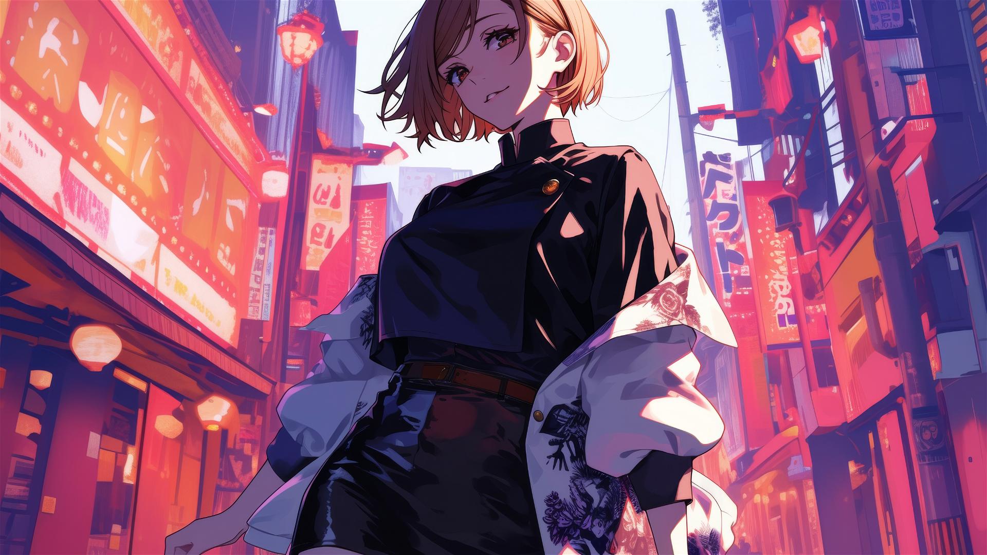 Nobara Kugisaki in modern Japanese attire on a neon-lit Tokyo street