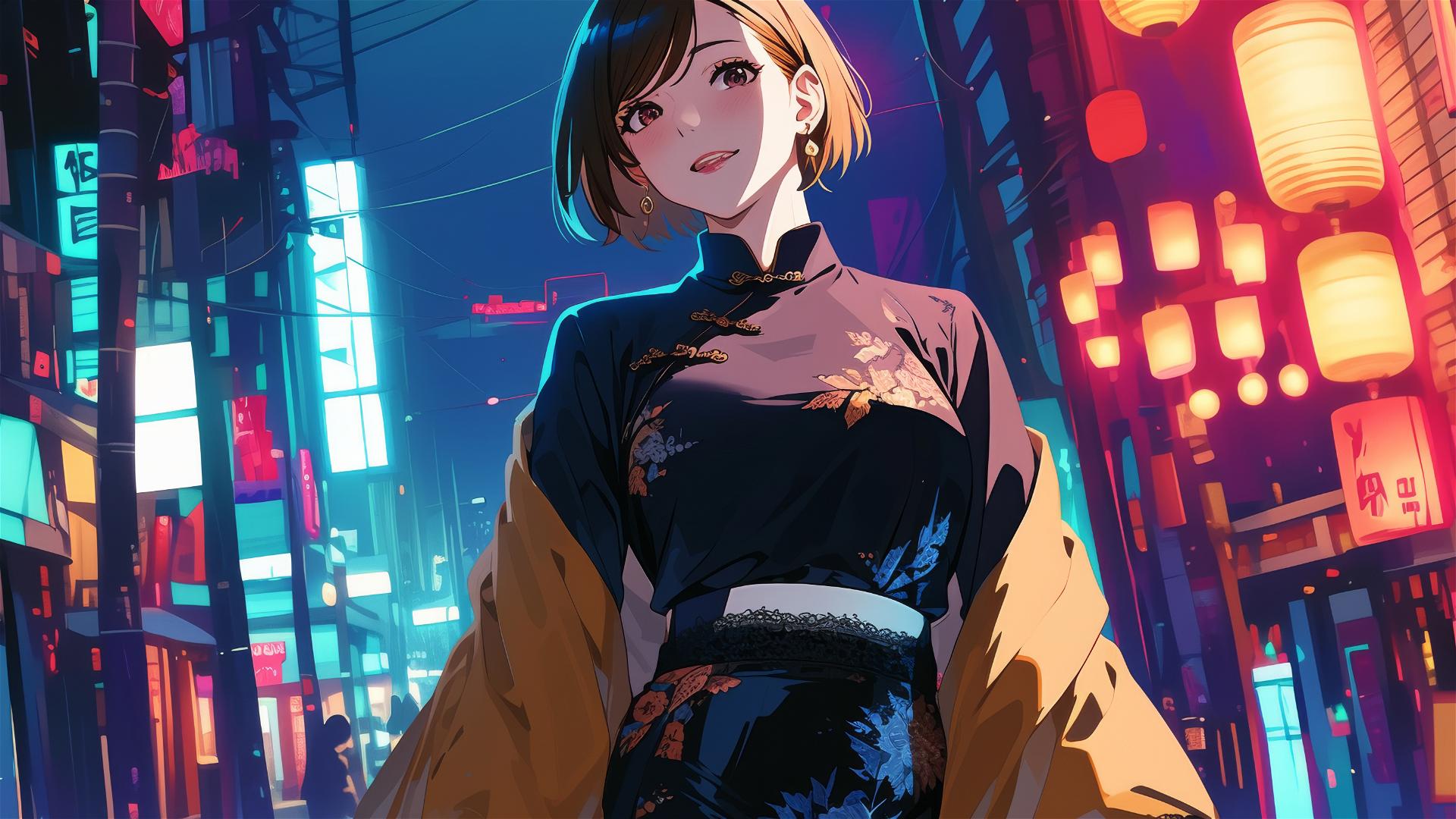 Nobara Kugisaki in modern Japanese attire on neon Tokyo street