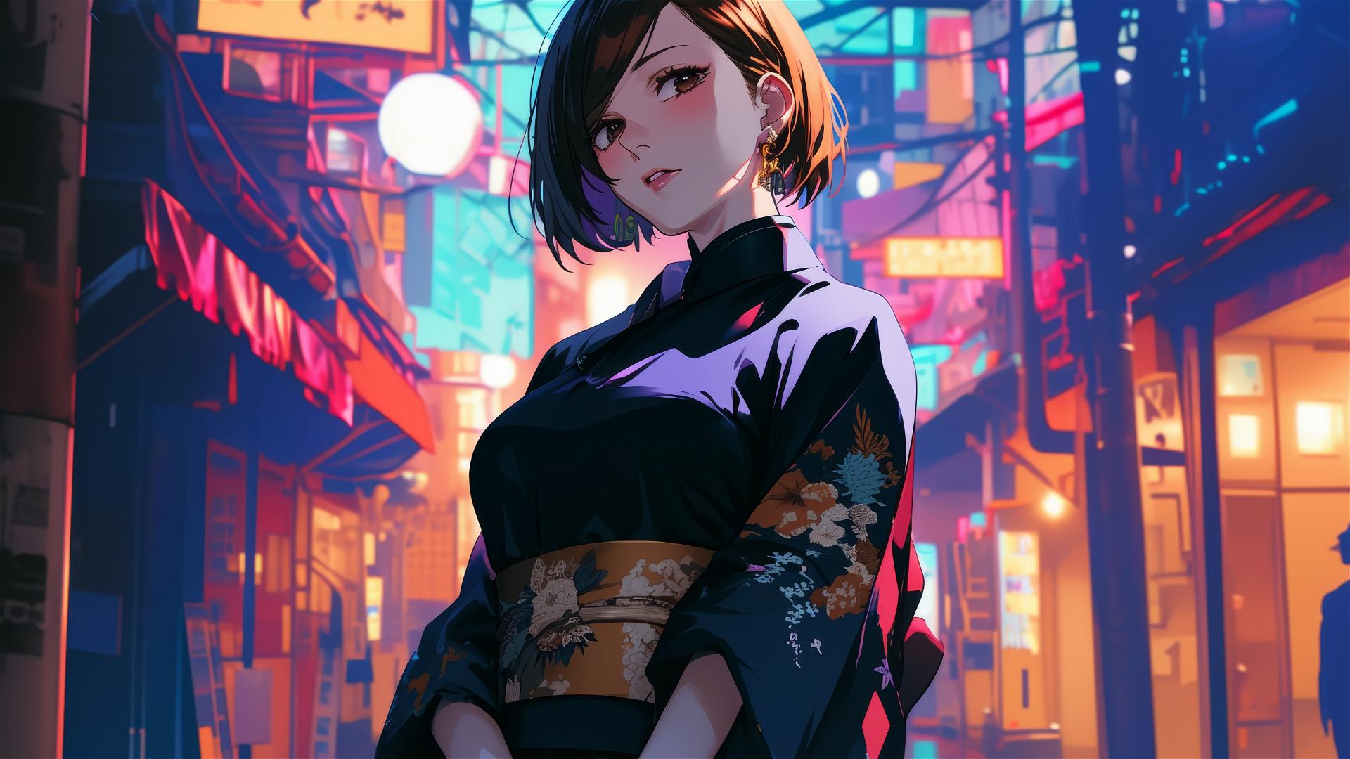 Nobara Kugisaki in modern attire on neon Tokyo street