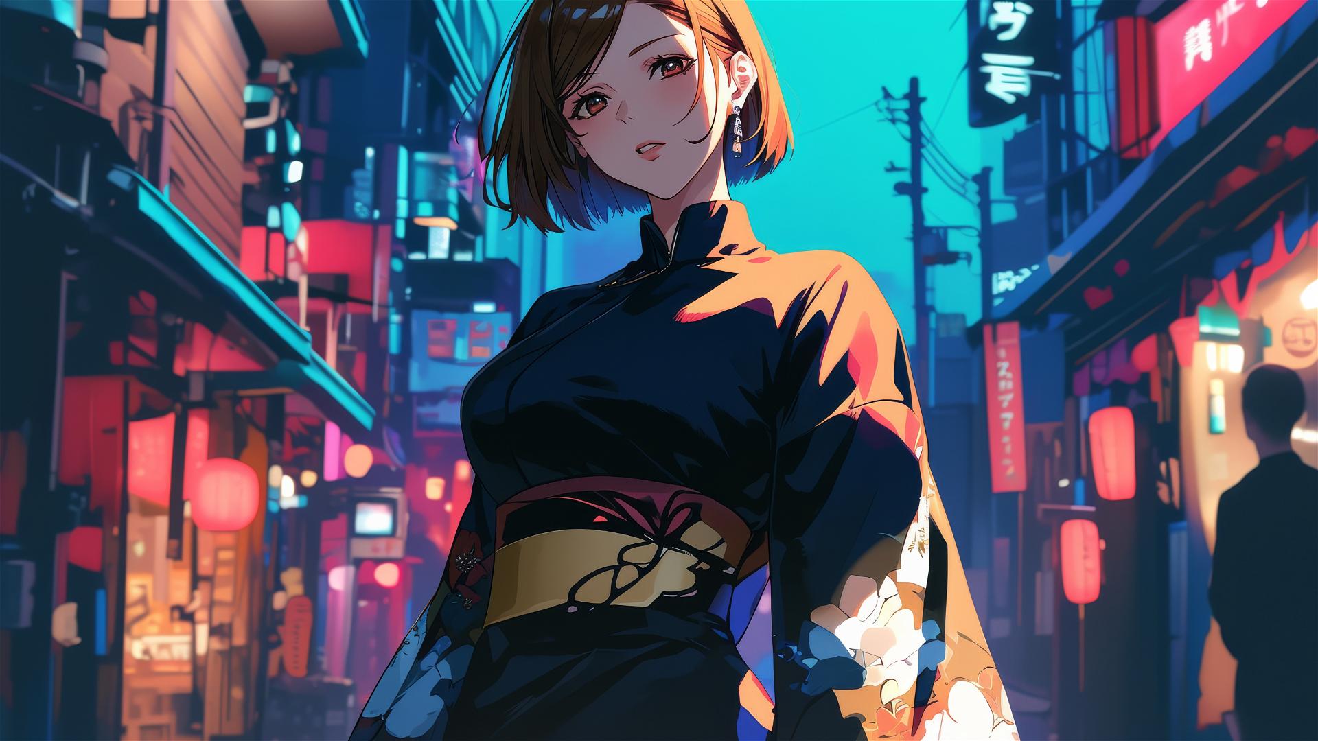 Nobara Kugisaki in modern Japanese attire on neon Tokyo street